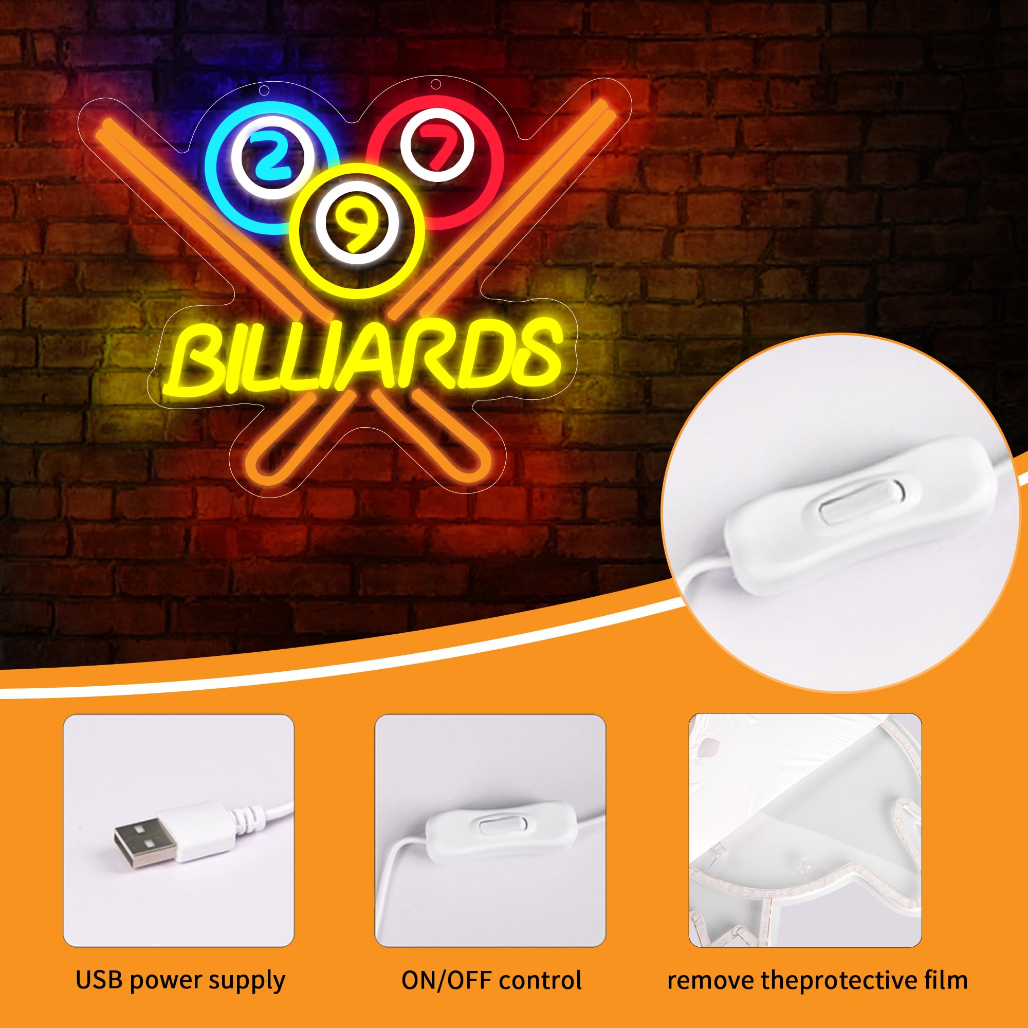 XD351 Panneau néon de billard pour décoration murale, lumière néon LED lumineuse pour les amateurs de billard, cadeau, salle de sport, bar, snooker, club, billard, chambre