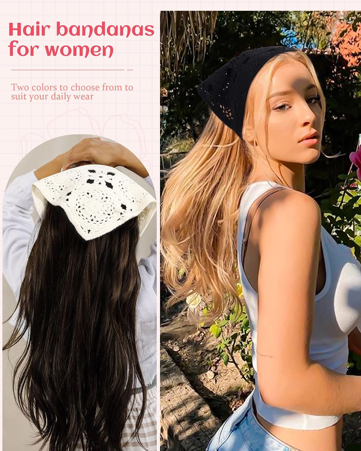 HAIMEIKANG Floral Crochet Hair Bandanas Headscarf 2 PCS Women Hair Scarf Daisy Headband Vintage Head Kerchief for Girls