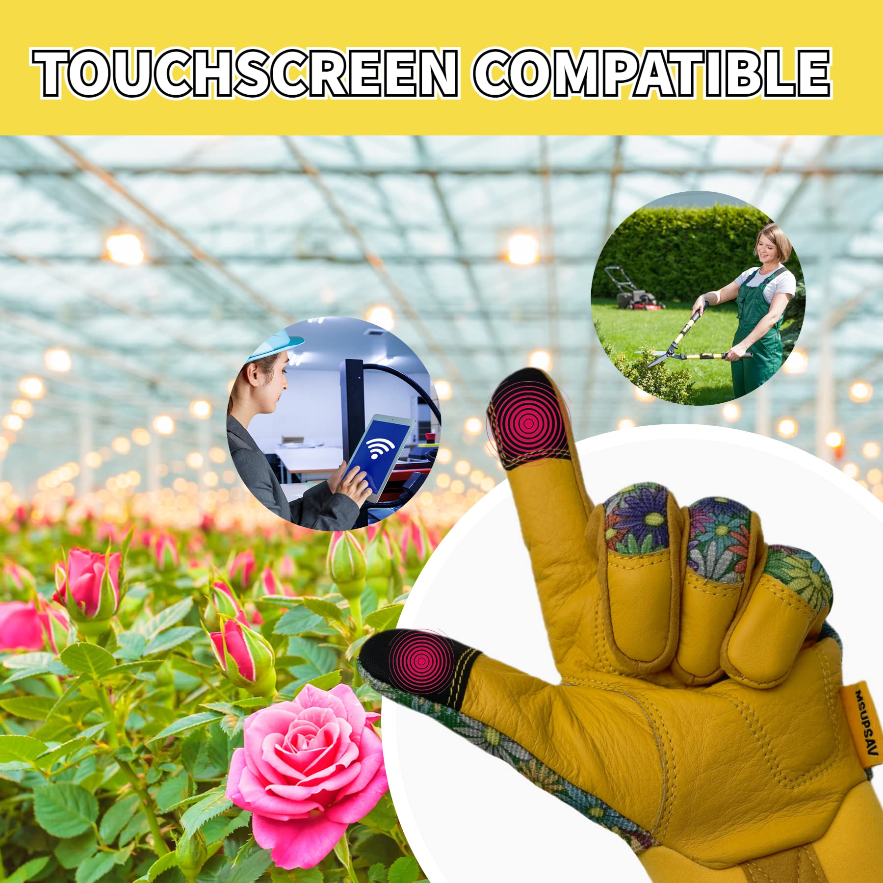 2 Paar Gartenhandschuhe, Rindsleder, Gartenhandschuhe, multifunktionale Outdoor-Gartenarbeitshandschuhe für Männer und Frauen, Geschenke, bunte Blumen, Größe M