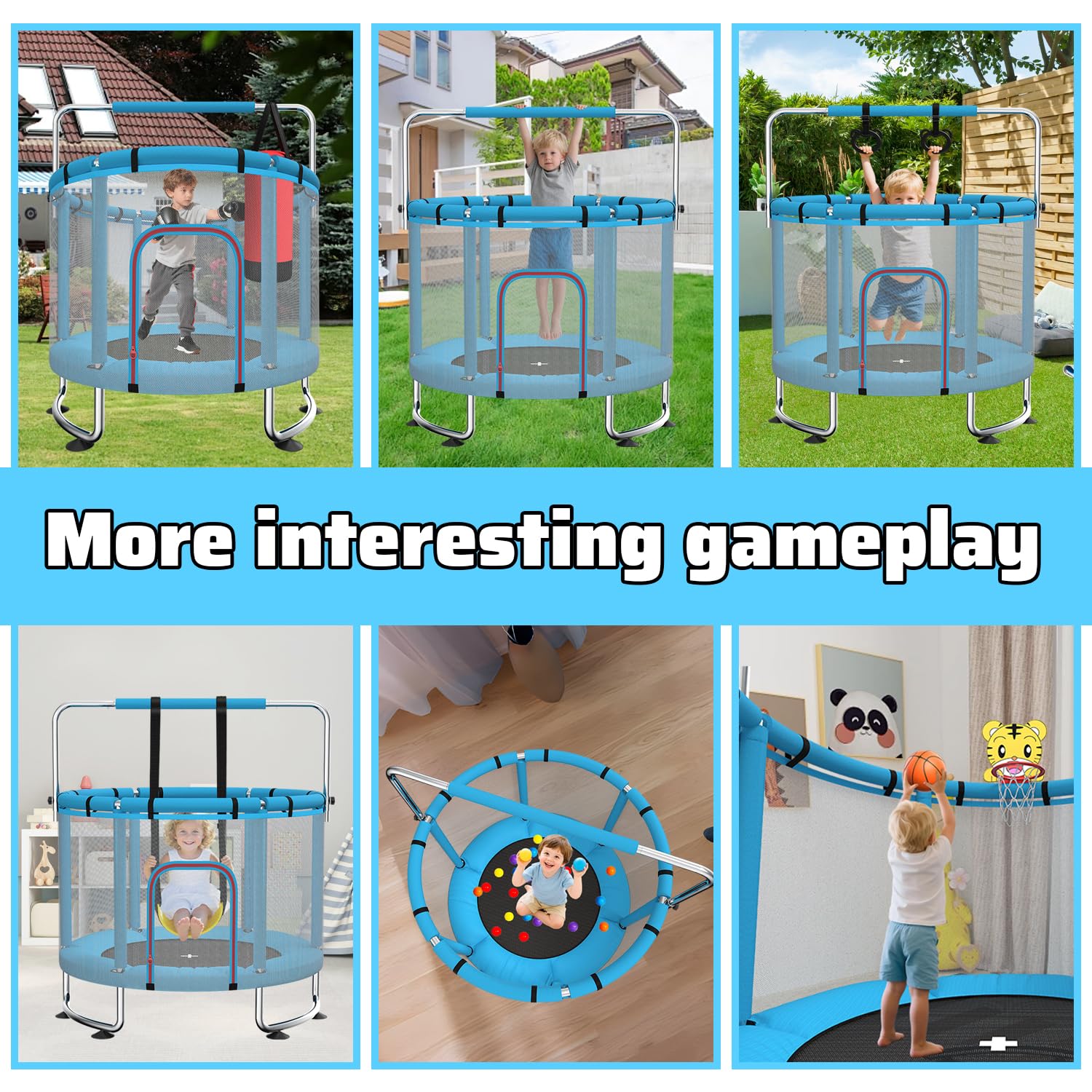 Kindertrampolin 140 cm für drinnen und draußen – 50 kg Belastbarkeit mit Sicherheitsnetz, Verstellbarer Turnstange und Basketballkorb, Geschenk für Jungen und Mädchen