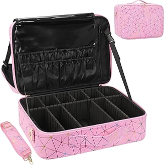 Professional Makeup Case Bag|3 Layers Large Capacity Cosmetic Organizer Brush Bag,Barber Train Case Makeup Artist Box,PU Leather Stylish Geometric Reflection Patterns Pink