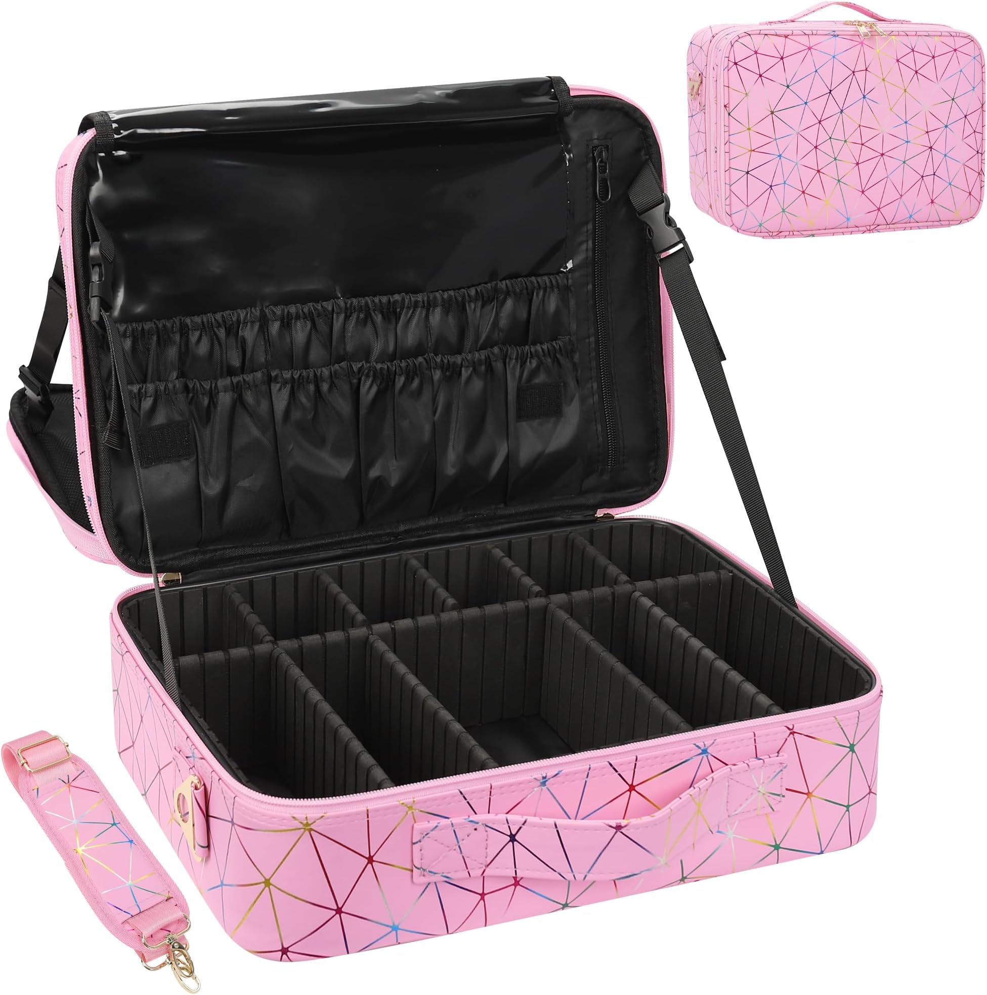 MONSTINA Professional Makeup Case Bag|3 Layers Large Capacity Cosmetic Organizer Brush Bag,Barber Train Case Makeup Artist Box,PU Leather Stylish Geometric Reflection Patterns Pink