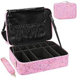 MONSTINA Professional Makeup Case Bag|3 Layers Large Capacity Cosmetic Organizer Brush Bag,Barber Train Case Makeup Artist Box,PU Leather Stylish Geometric Reflection Patterns Pink