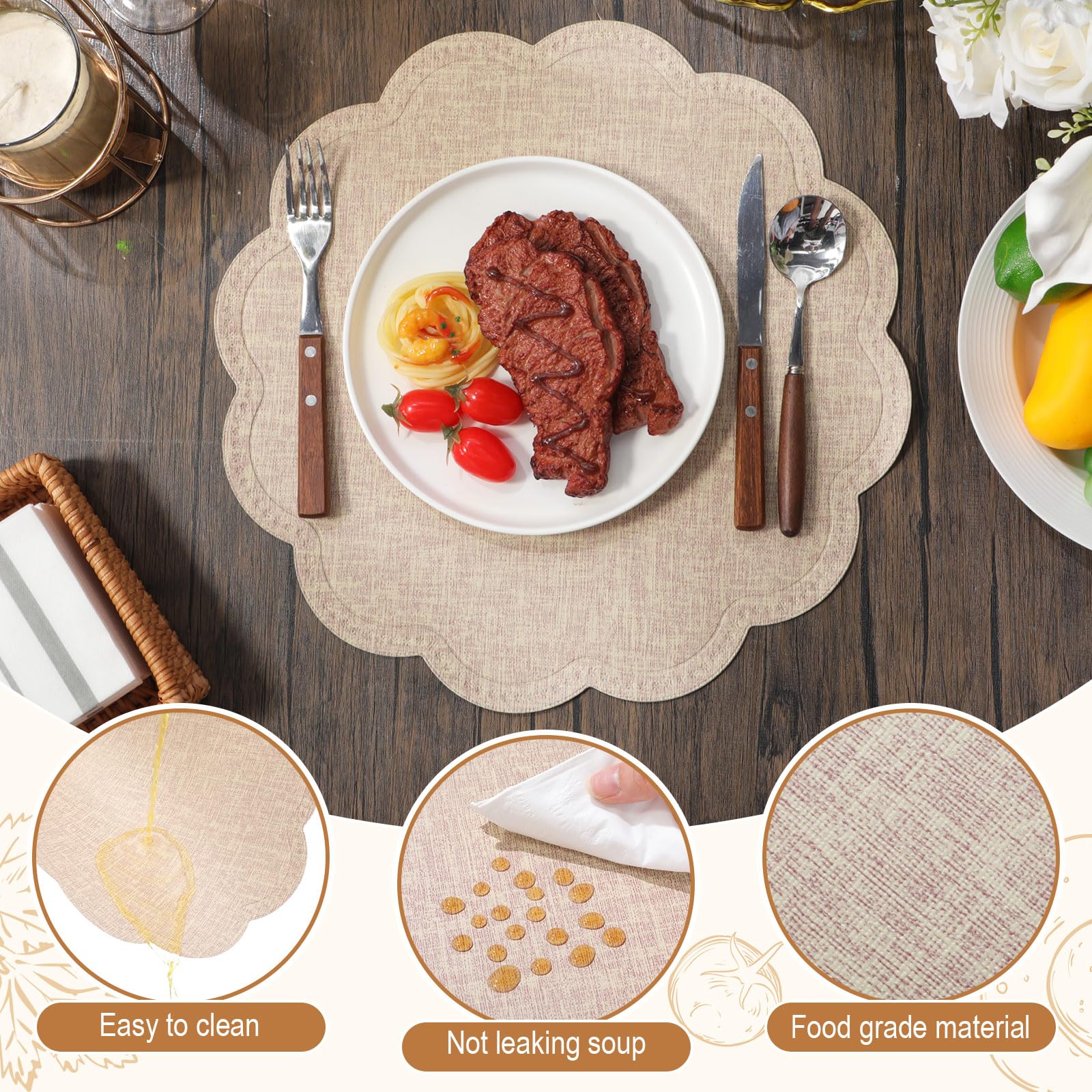 12 tovagliette rotonde a forma di fiore, impermeabili, in pelle PU, lavabili, antiscivolo, per cucina, tavolo da pranzo, decorazione (beige)