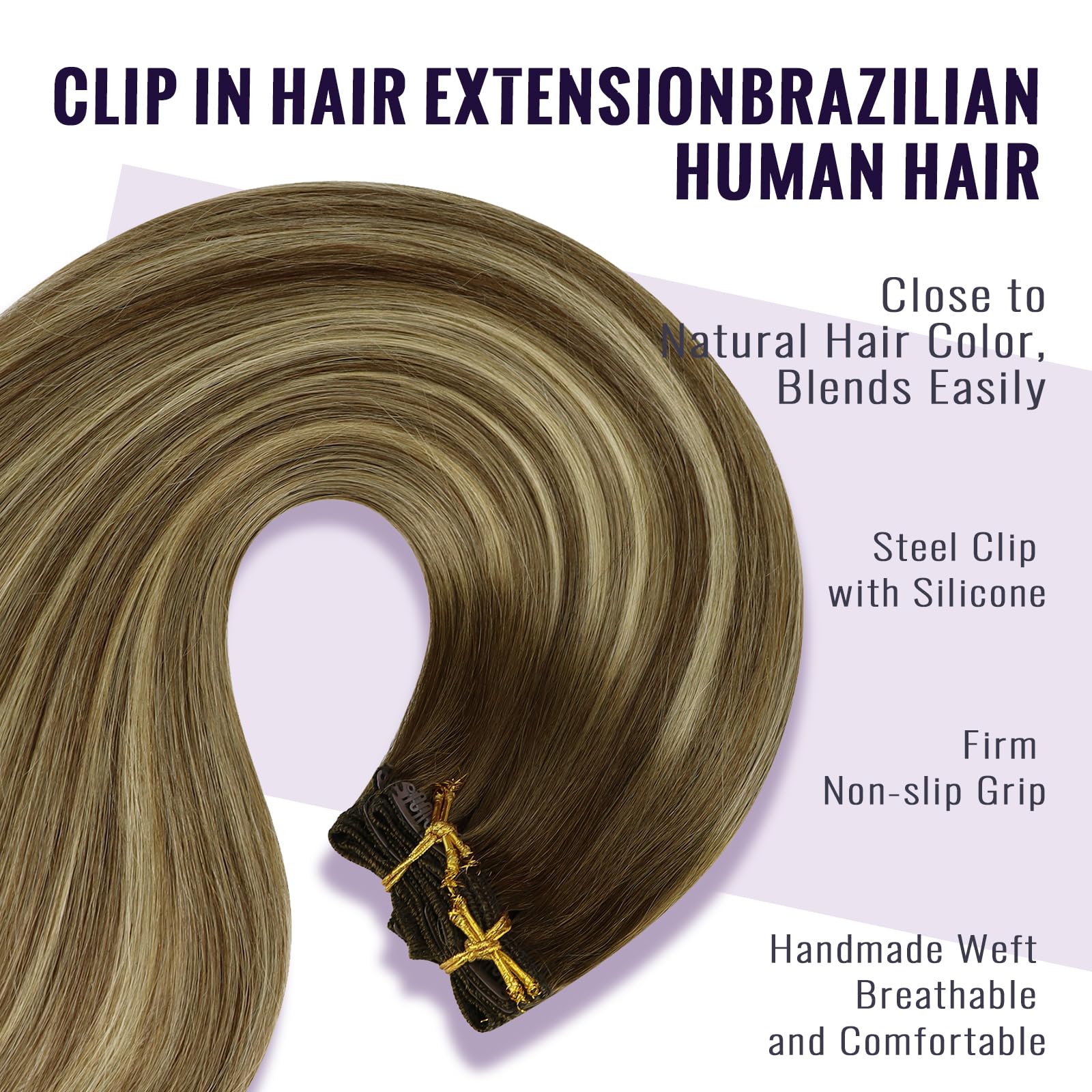 Fshine Extension Capelli Veri Clip 120g 40cm Capelli Umani 7pcs Balayage Castano Medio con Biondo e Marrone Medio Lisci