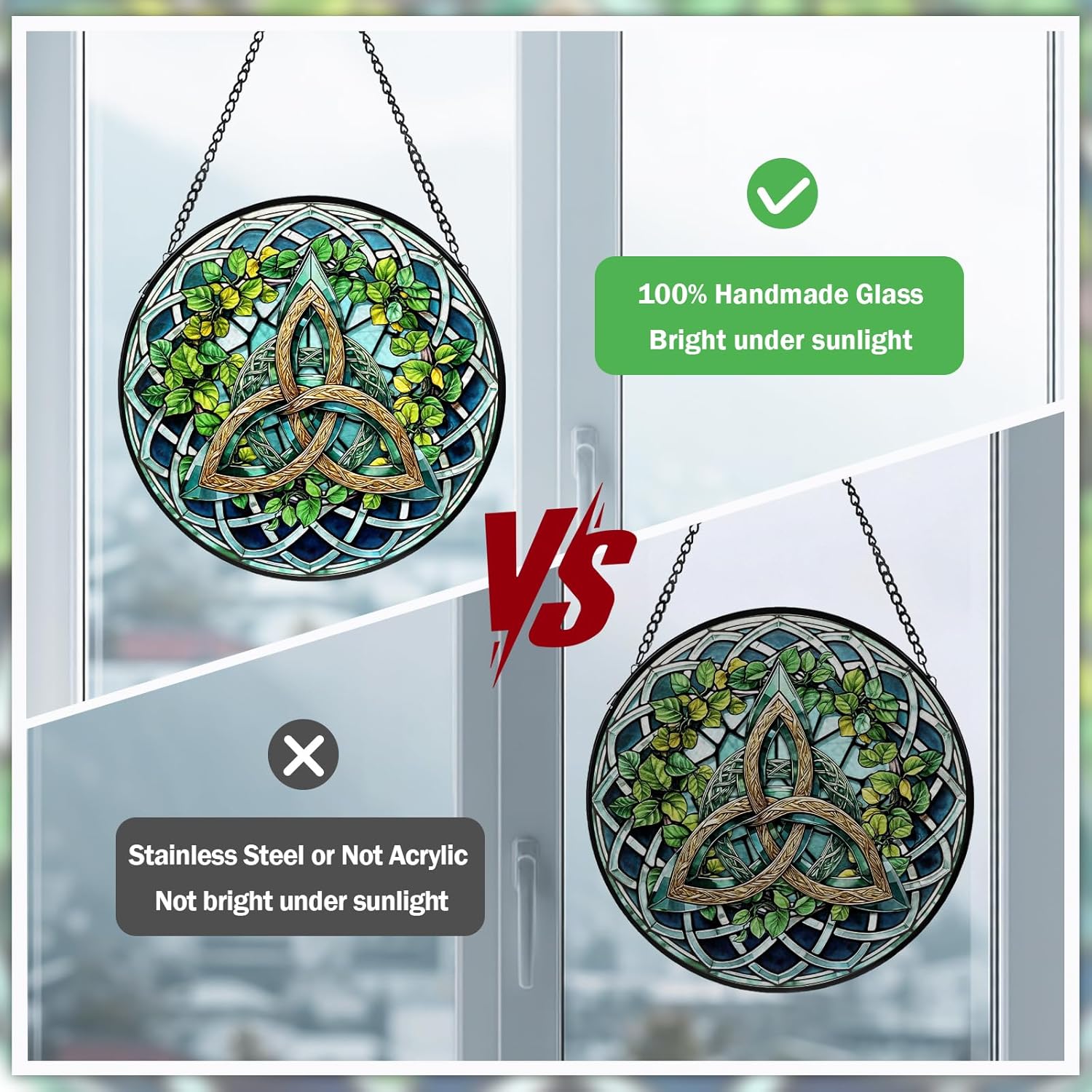 Celtic Knot Stained Glass Window Hanging, Suncatcher Diamond Glass Panel Hangings, Sun Catchers Indoor Windows Wall Art Decoration, Christmas Decor for Home Office Garden Green 7.87 inches - Image 4