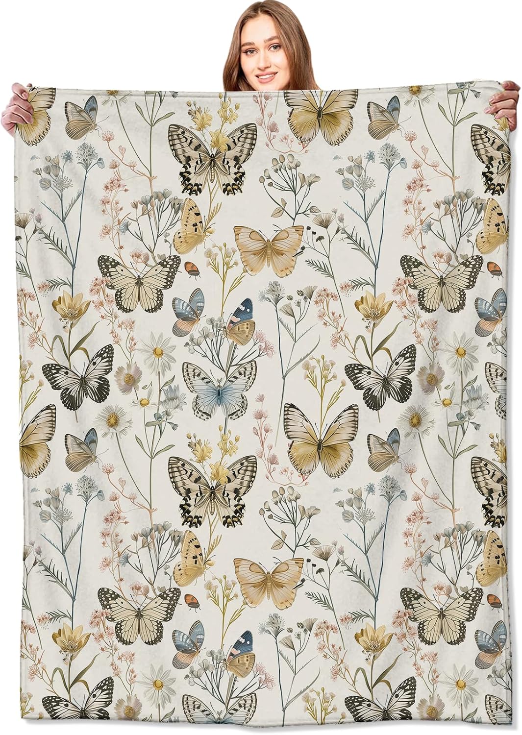 Vintage Butterfly Floral Blanket Elegant Retro Wildflowers Throw Blankets Gifts for Girls Women Adults Lightweight Soft Fleece Cozy for Sofa Couch Bed Room Travel Birthday Party Decor 50x60in