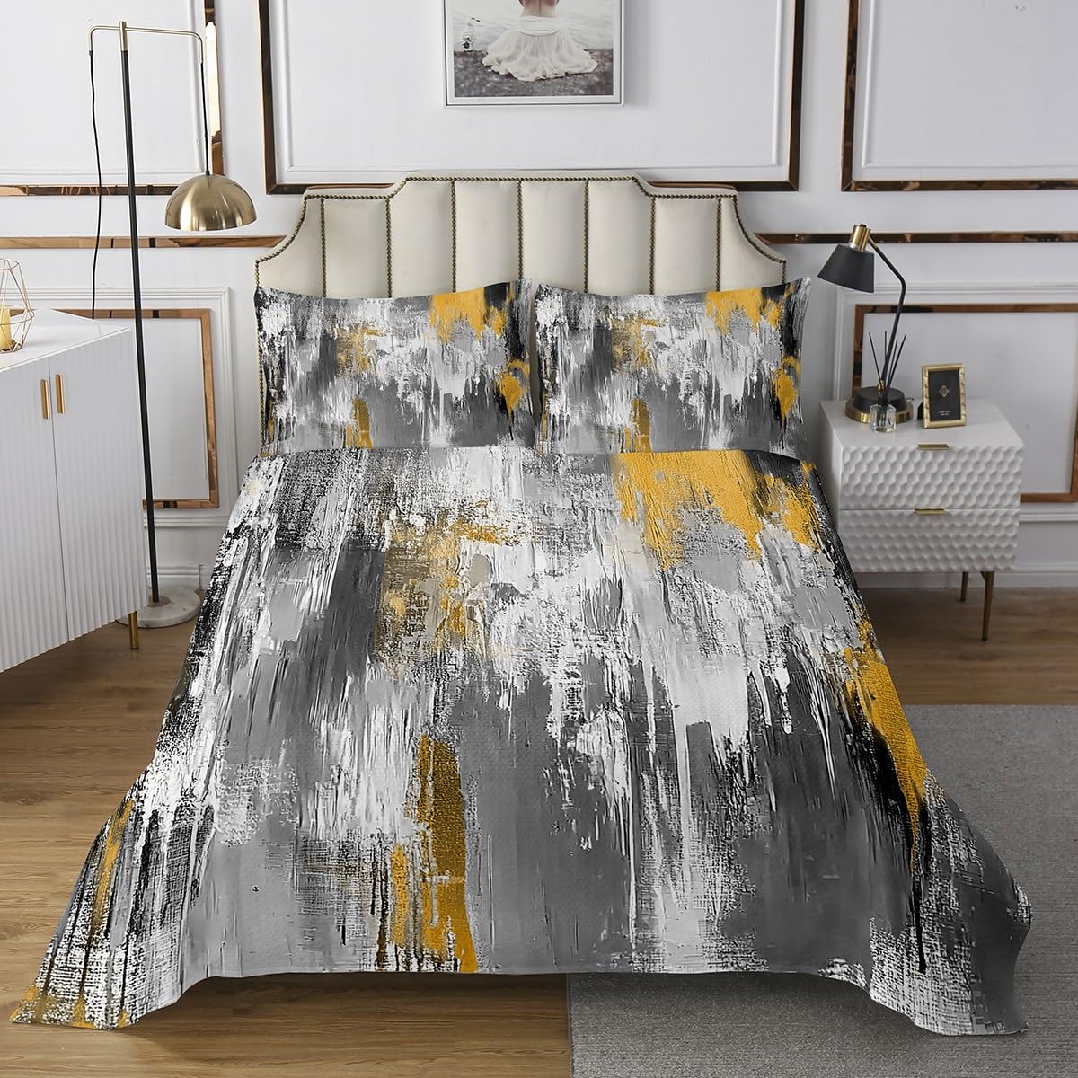 jejeloiu Abstract Art Bedspread for Kids Boys Girls Queen Size Gray Gold Gradient Coverlet Set Modern Quilted Coverlet Lightweight Retro Art Bedspread Cover Room Decor