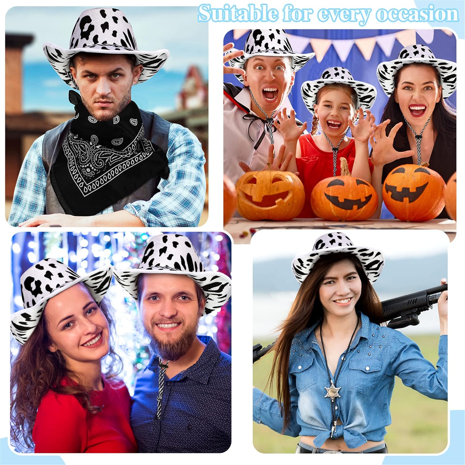 Zhanmai 12 Pieces Cow Print Cowboy Hat and Bandana Set Black and White for Western Parties Bachelorette Parties Country Dances Team Events and Halloween