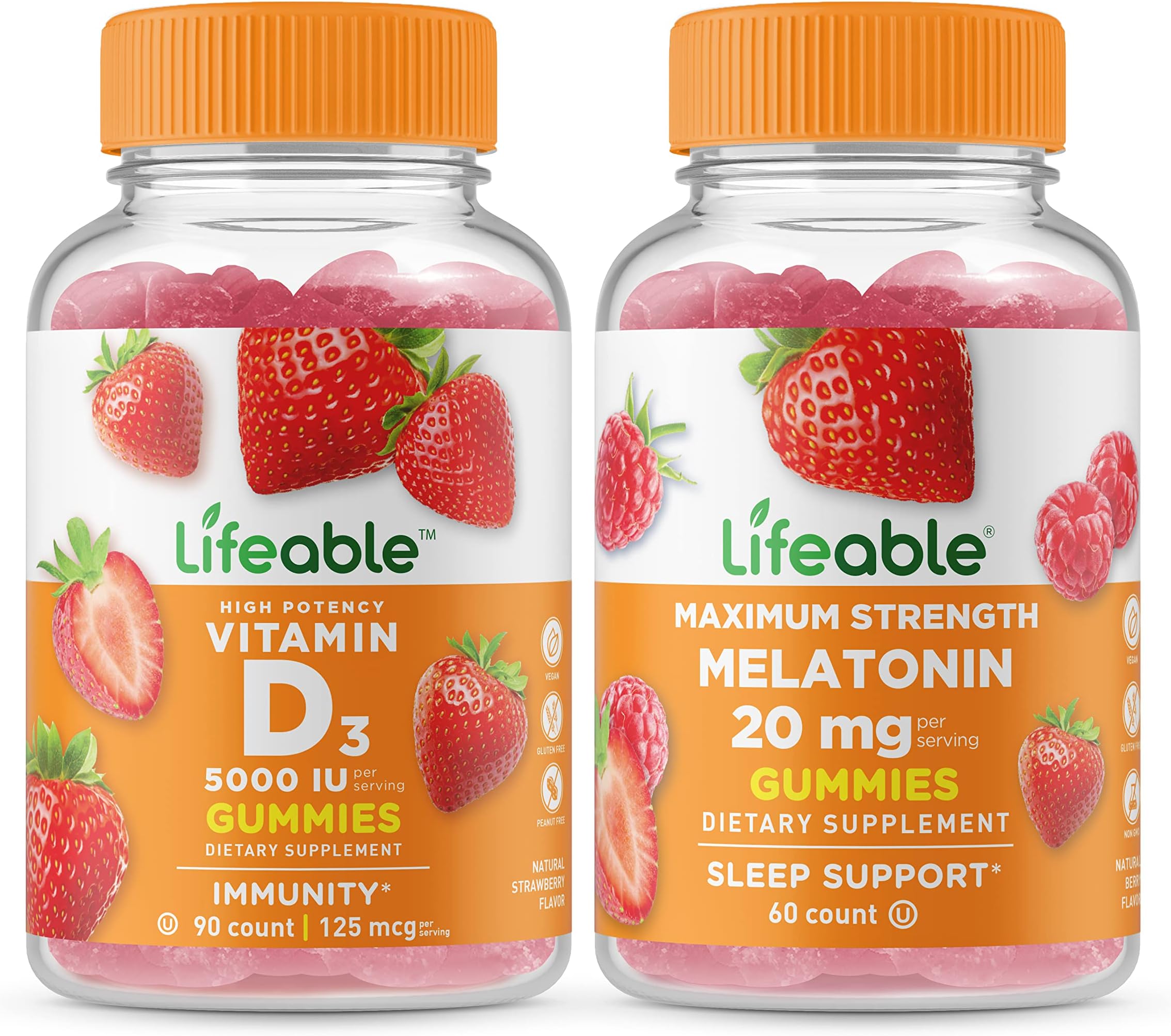 LifeableVitamin D 5000 IU + Melatonin 20mg, Gummies Bundle - Great Tasting, Vitamin Supplement, Gluten Free, GMO Free, Chewable Gummy