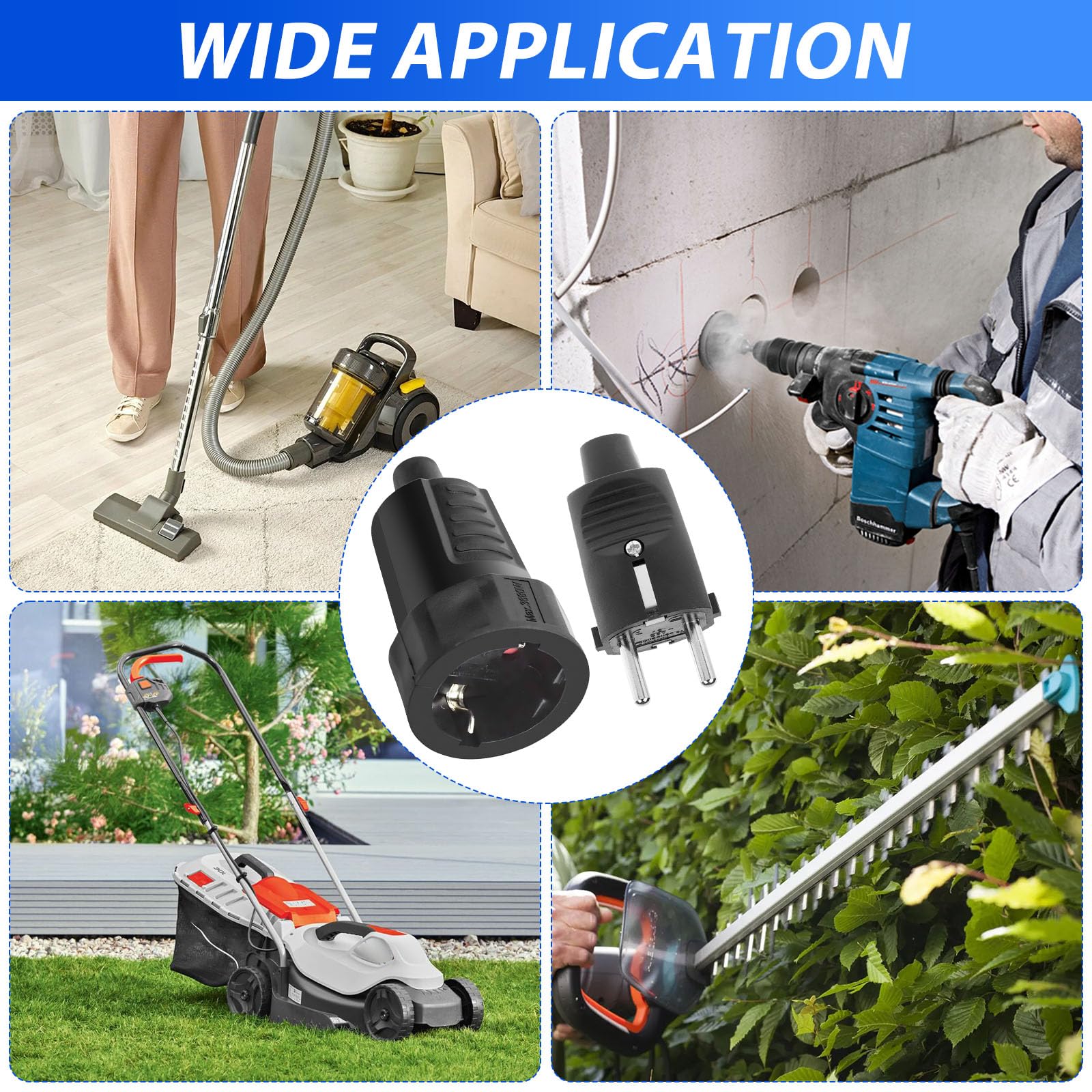 2 coppie spine e giunti 250V 16A IP44 Set di giunti spina Schuko con protezione antipiega Giunto spina Schuko a 2 poli Spina di sicurezza in gomma nera per esterni impermeabile