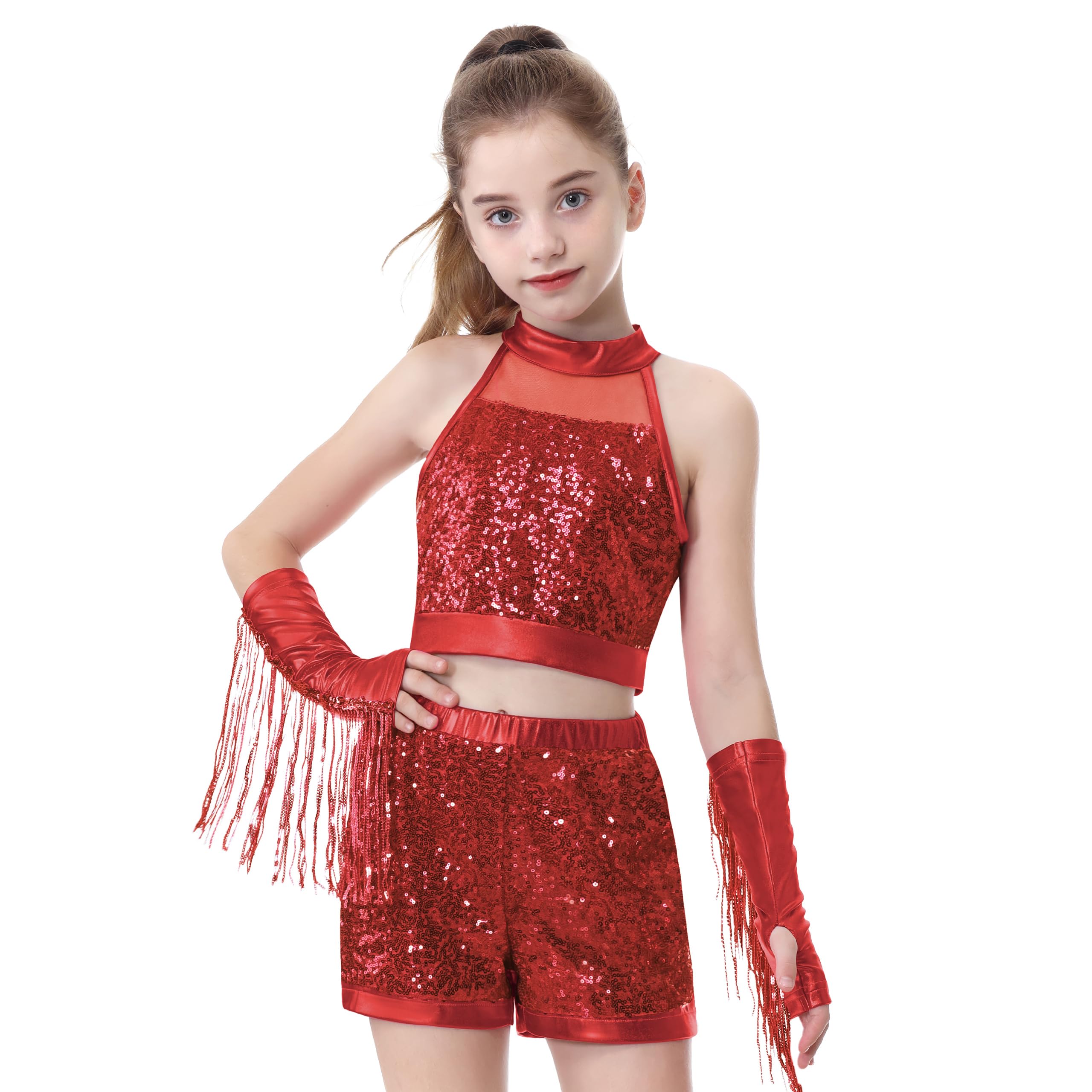 LOLANTA Girls 3 PCS Crop Sequin Top Metallic Shorts with Tassel Arm Sleeves