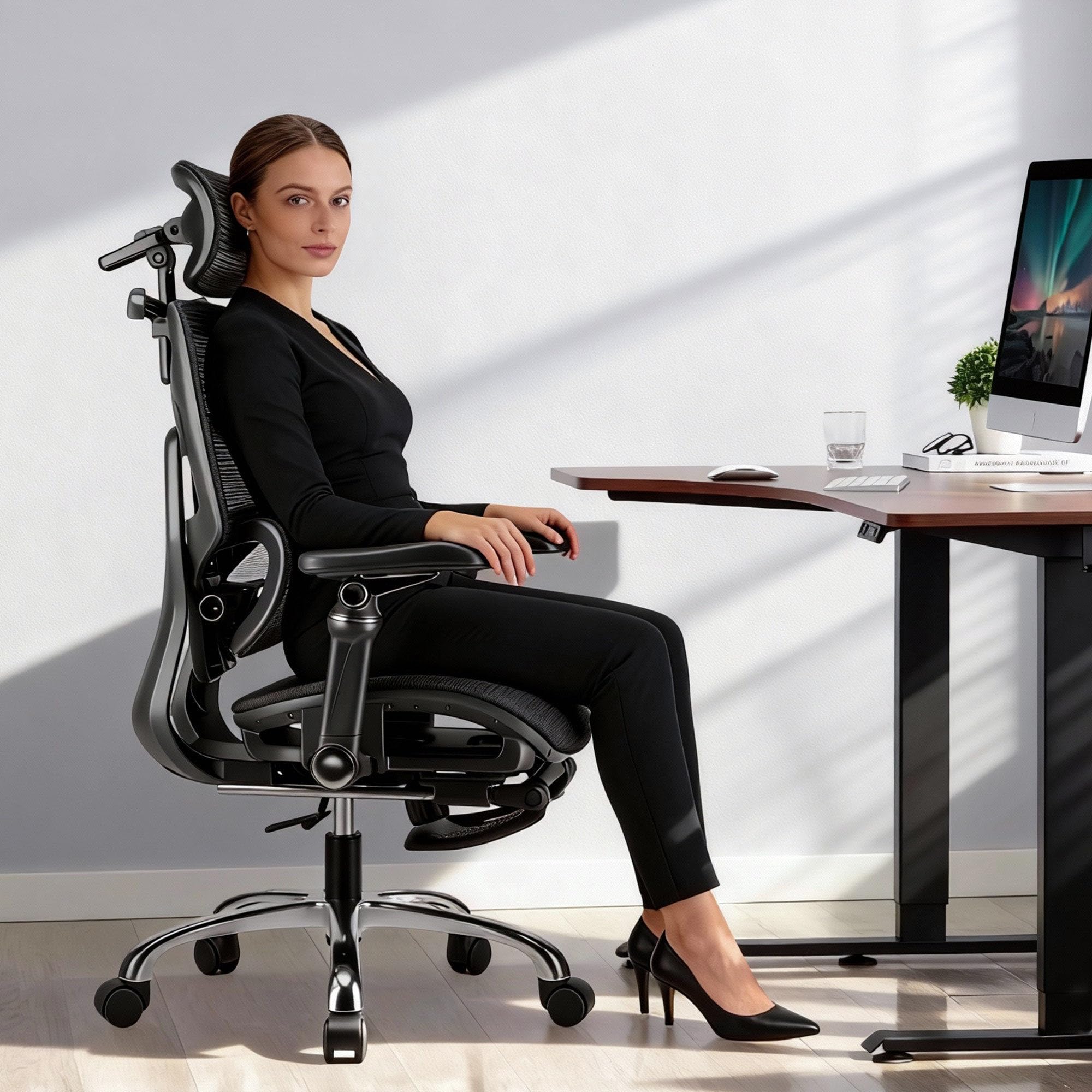 POSH Sedia da ufficio ergonomica con poggiapiedi e braccioli 9D, inclinazione di 145°, con supporto lombare dinamico, poggiatesta regolabile, schienale in rete e croce in alluminio, fino a 100 kg