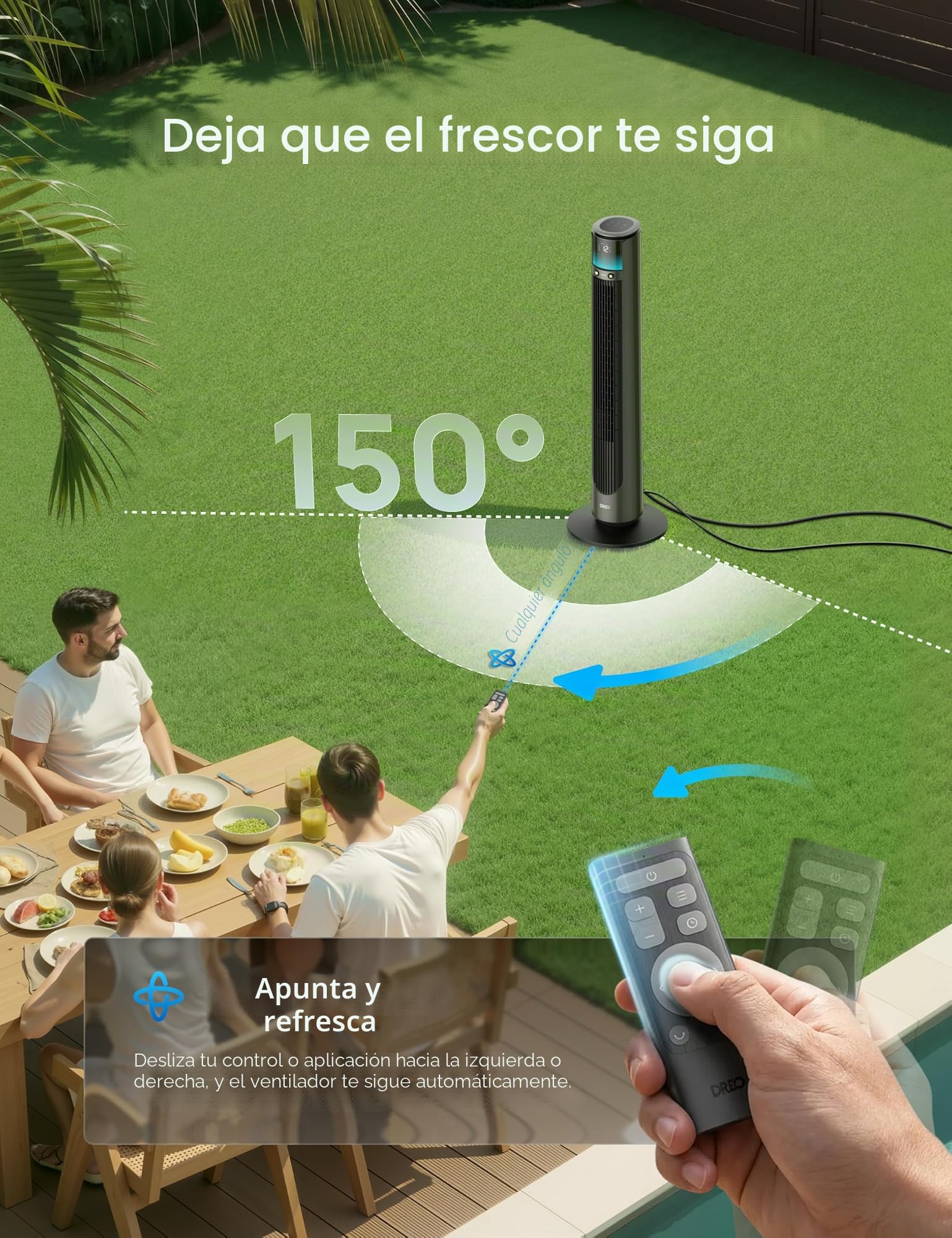 Ventilador de niebla exterior DREO TurboCool 711AS, potencia 10 m/s, 12 niveles, 4 modos, ventilador de pie inteligente, oscilación de 150°, silenciador de 20 dB, motor de CC, resistente a la