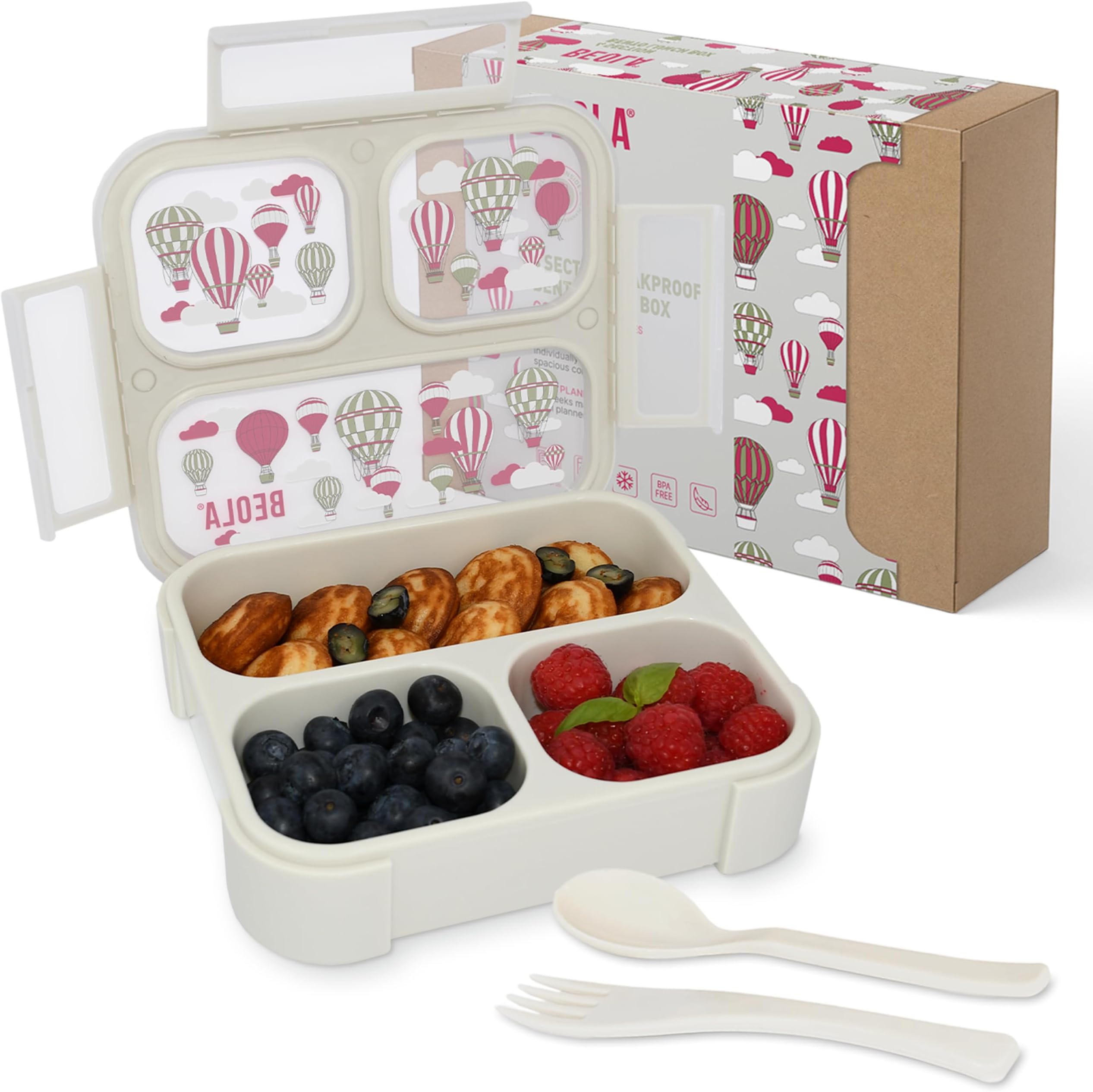 BEOLA Lunch Box for Kids Adults, Multi Compartment Lunch Bento Box, 3 or 4 Compartment Snack Box, BPA free, with Cutlery Set (3Magic Sky)