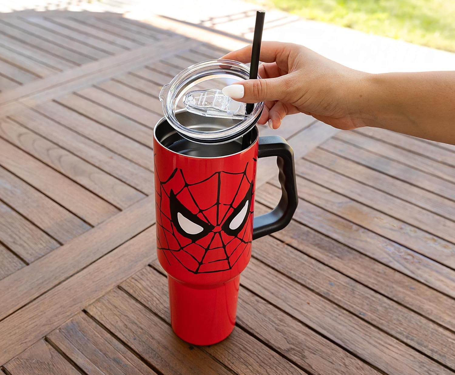 Silver Buffalo Marvel Spider-Man Double Walled Stainless Steel Tumbler with Handle and Straw, Fits in Standard Cup Holder, 40 Ounces - Image 7