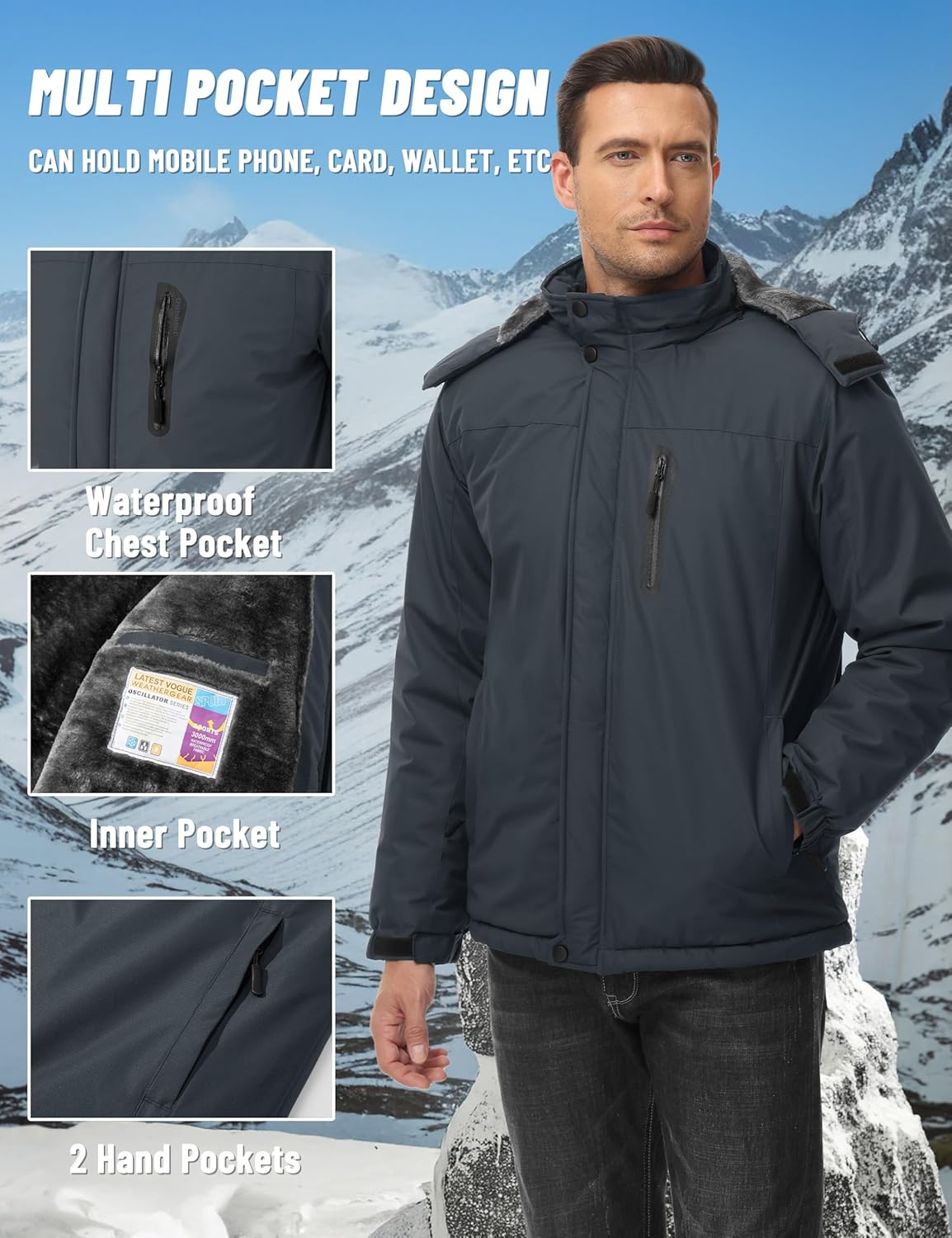 TACVASEN Men's Winter Jacket Waterproof Ski Coat Warm Fleece Lined Windproof Snowboard Jacket with 4 Pockets Hiking - Image 5