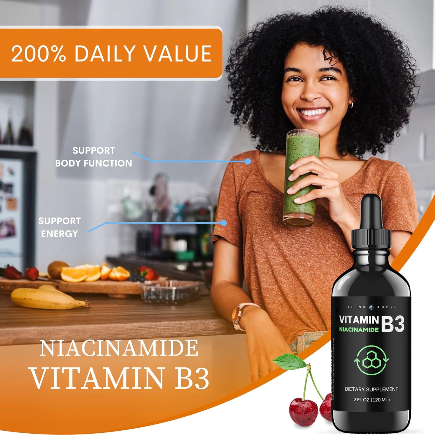 Vitamin B3 Niacinamide Liquid - Non Flush Form of B3 Niacin - Convenient Vitamin B3 Niacin Drops for Women and Men - Easy to Swallow Alternative for Niacinamide Pills or Capsules 2oz (60ml) : Health & Household