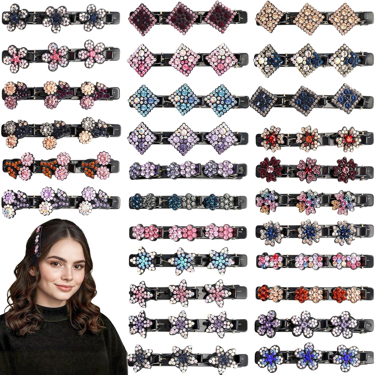 28 PCS Sparkling Crystal Stone Braided Hair Clips Bulk Easily Braided Hair Clips Shiny Rhinestone Clip for Women Styling Partitions Chopped Hairpin Duckbill