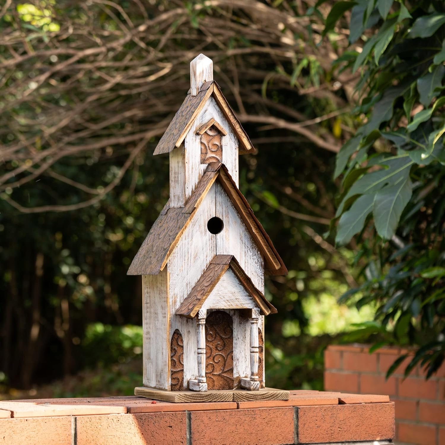 Glitzhome Rustic Hand Painted Wooden Church Birdhouse, Extra-Large 23.62" H Hanging Bluebird Houses for Outside, Decorative Bird House for Yard and Garden Decoration
