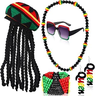 5 Pcs Women African Jamaican Accessories Rasta Hat with Dread Lock Multicolor Beaded Jamaican Bracelet Rasta Beads Necklace Queen Wooden Earrings Rasta Sunglasses
