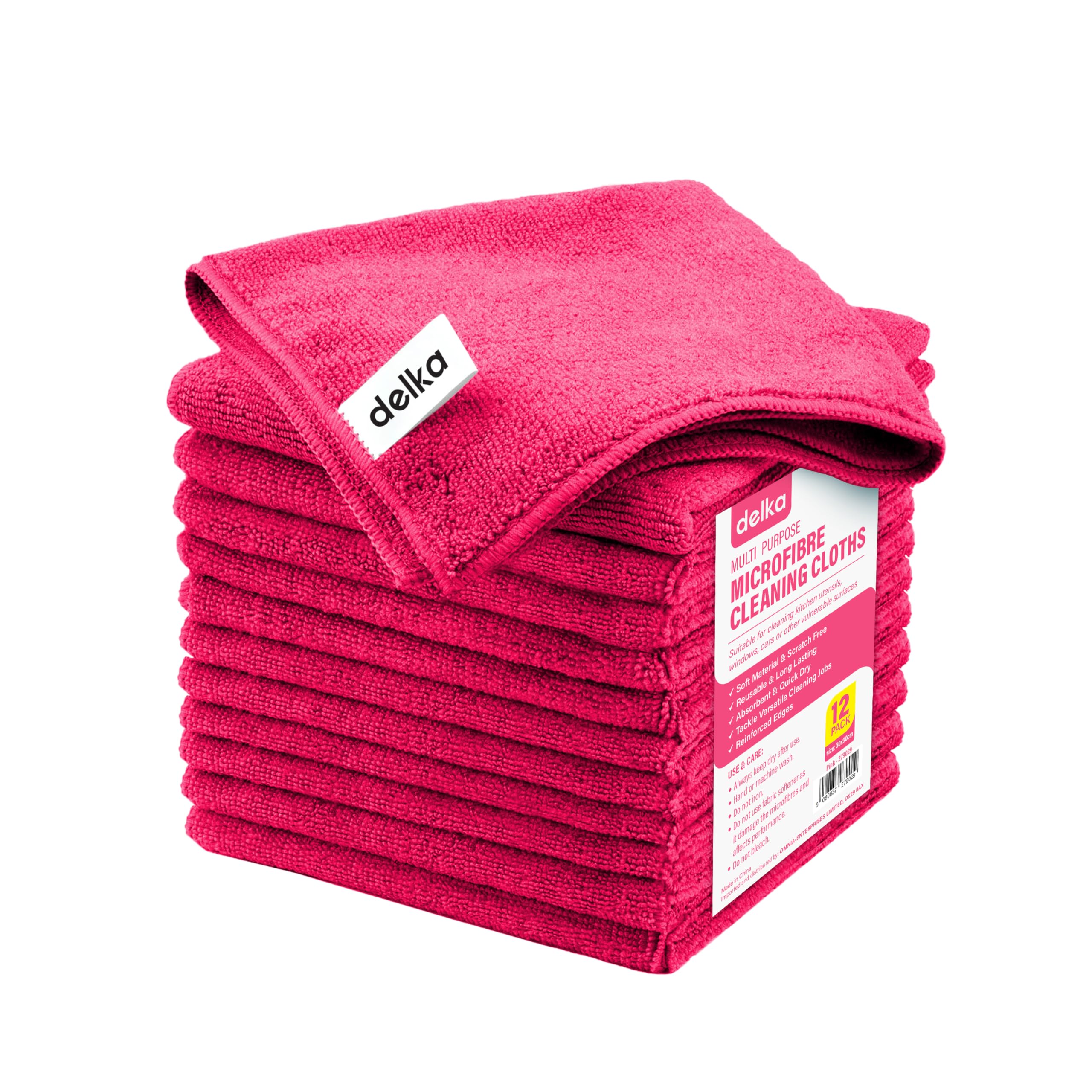 delka Microfibre Cleaning Cloths –Multi-Purpose, Ultra Soft & Lint-Free –Reusable, Streak-Free for Kitchen, Car, Glass, Windows & Electronics (Pink,12 Pack)