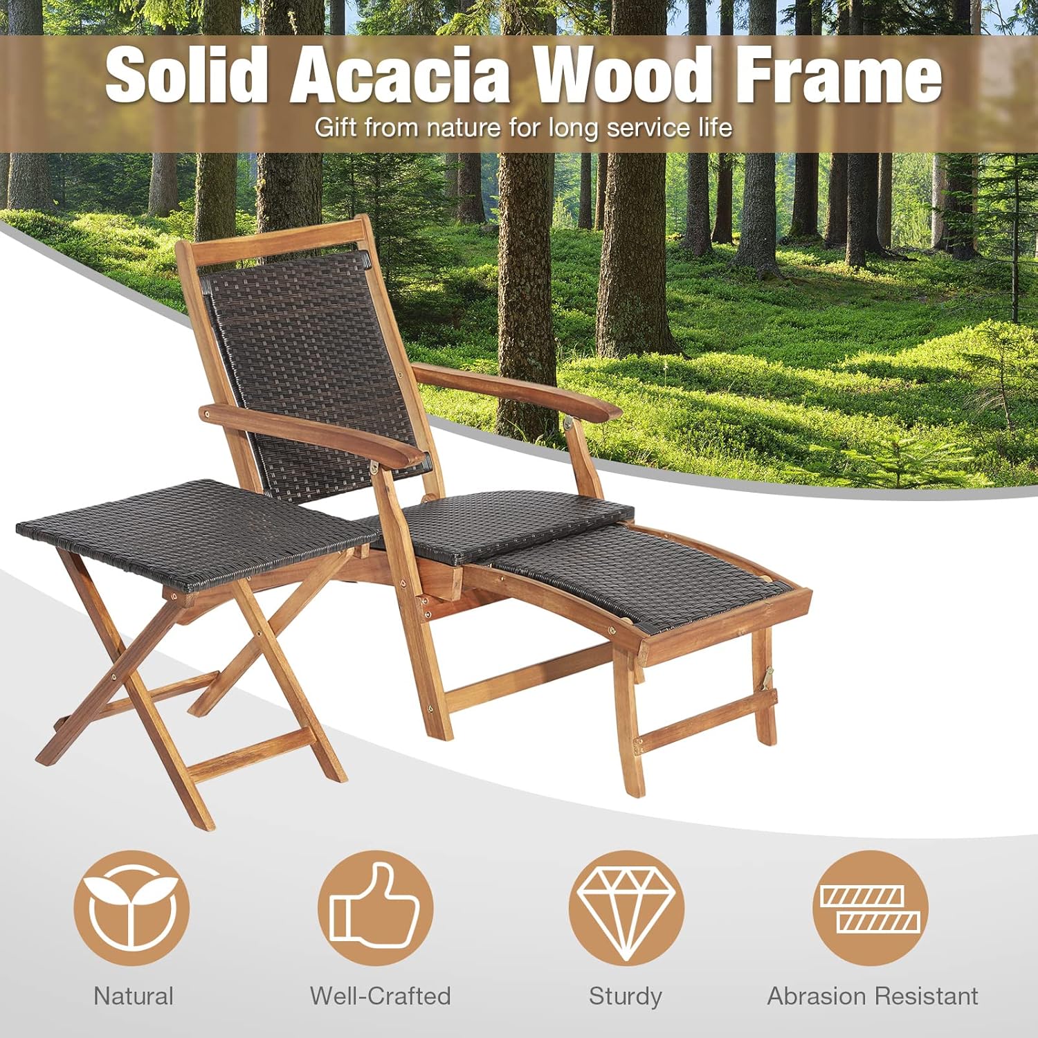 RELAX4LIFE Patio Lounge Chair Set - Outdoor Acacia Wood Chaise Lounge w/Side Table, Armrest & Retractable Ottoman, Rattan Seat, Tabletop, Quick Folding Sunbathing Chair for Backyard, Poolside (2)
