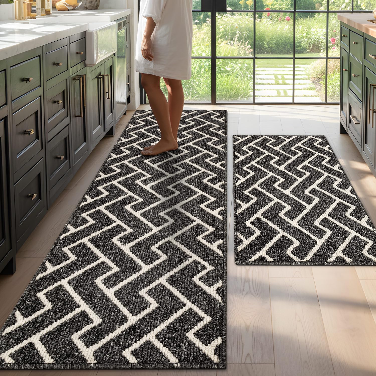 Biscpro Kitchen Rug Set 2 Pieces, Washable Non-Slip 100% Polypropylene Kitchen Floor Mats, Super Absorbent and Stain-Resistant Floor Runner Rug, Hallway Runner, Entryway(Black, 60x90+60X180cm) — image 1