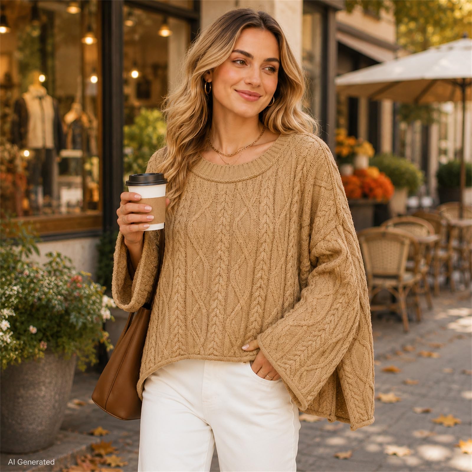 Maglione da donna a trecce girocollo oversize a maniche lunghe pullover