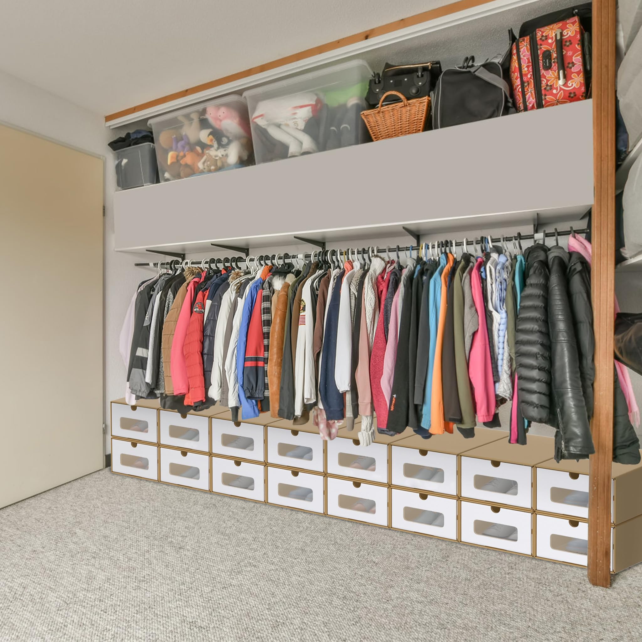 YUENFONG 20 Stück Schuhbox Aufbewahrungsbox mit Sichtfenster & Schublade, Ordnungsboxen Schuhschachtel Stapelbar aus Kraftpapier, Schuhorganizer für Schuhl