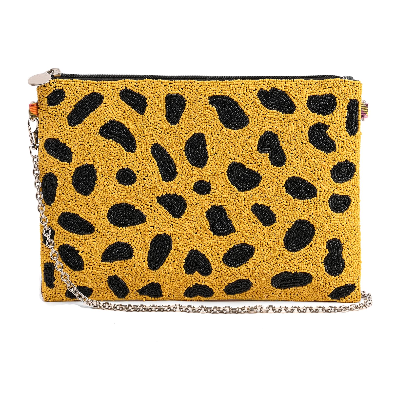 Jaguar Printed Beaded Clutch Bag for Women | Leopard Pattern Purse with Tartan Fabric | Handcrafted Party Clutch with Detachable Chain Strap | Boho Evening Bag for Girls & Ladies-image-14