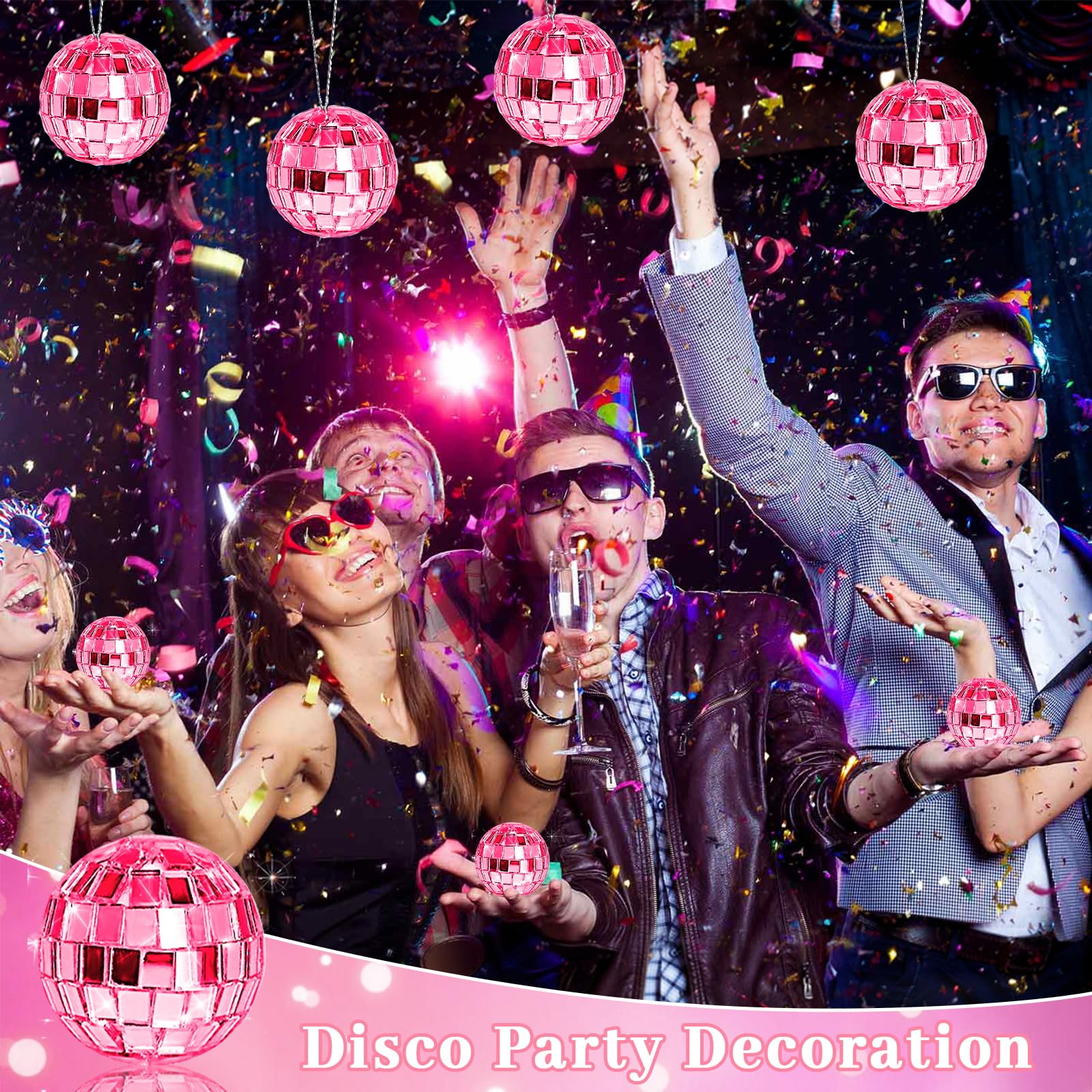 Morofme Palla da discoteca, 24 pezzi, rosa, da appendere, a specchio, con corda, per DJ club, Natale, San Valentino, albero di nozze