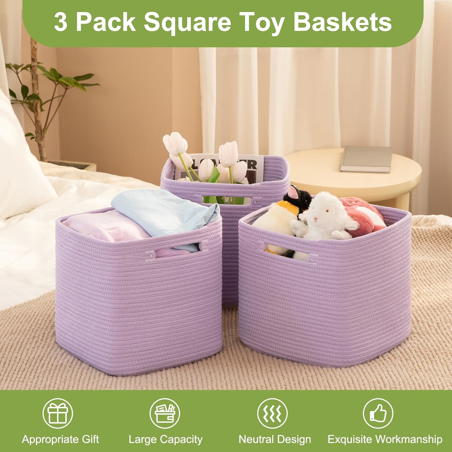 Storage Cubes - 11 Inch Cotton Rope Woven Baskets for Shelves, Organizing, Kids & Baby Nursery - Purple, 3 Pack