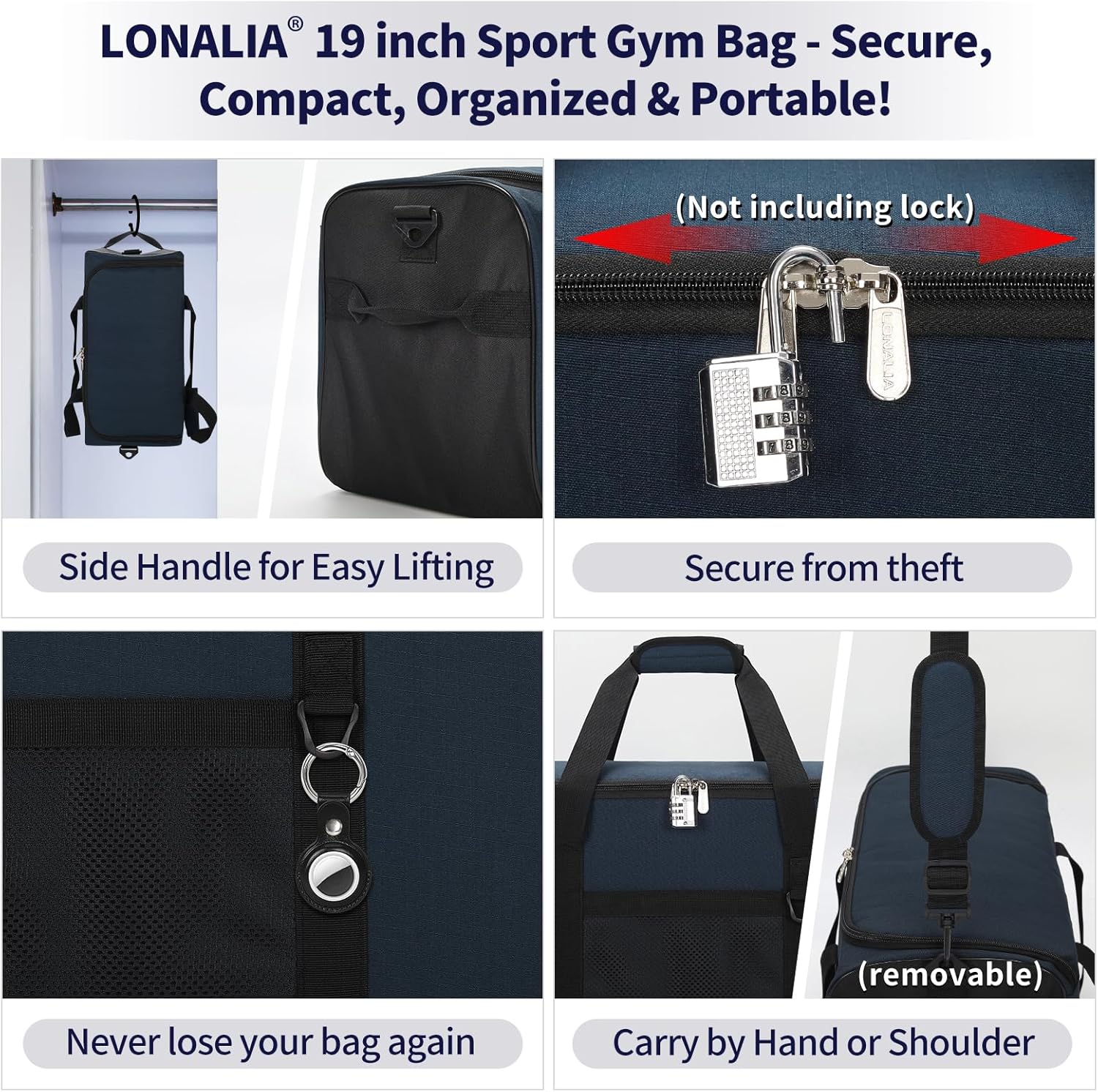 35L Sports Gym Duffle Bag - 19 inch Weekender Duffel for Workout, Basketball, Fitness, Training (Navy Blue)