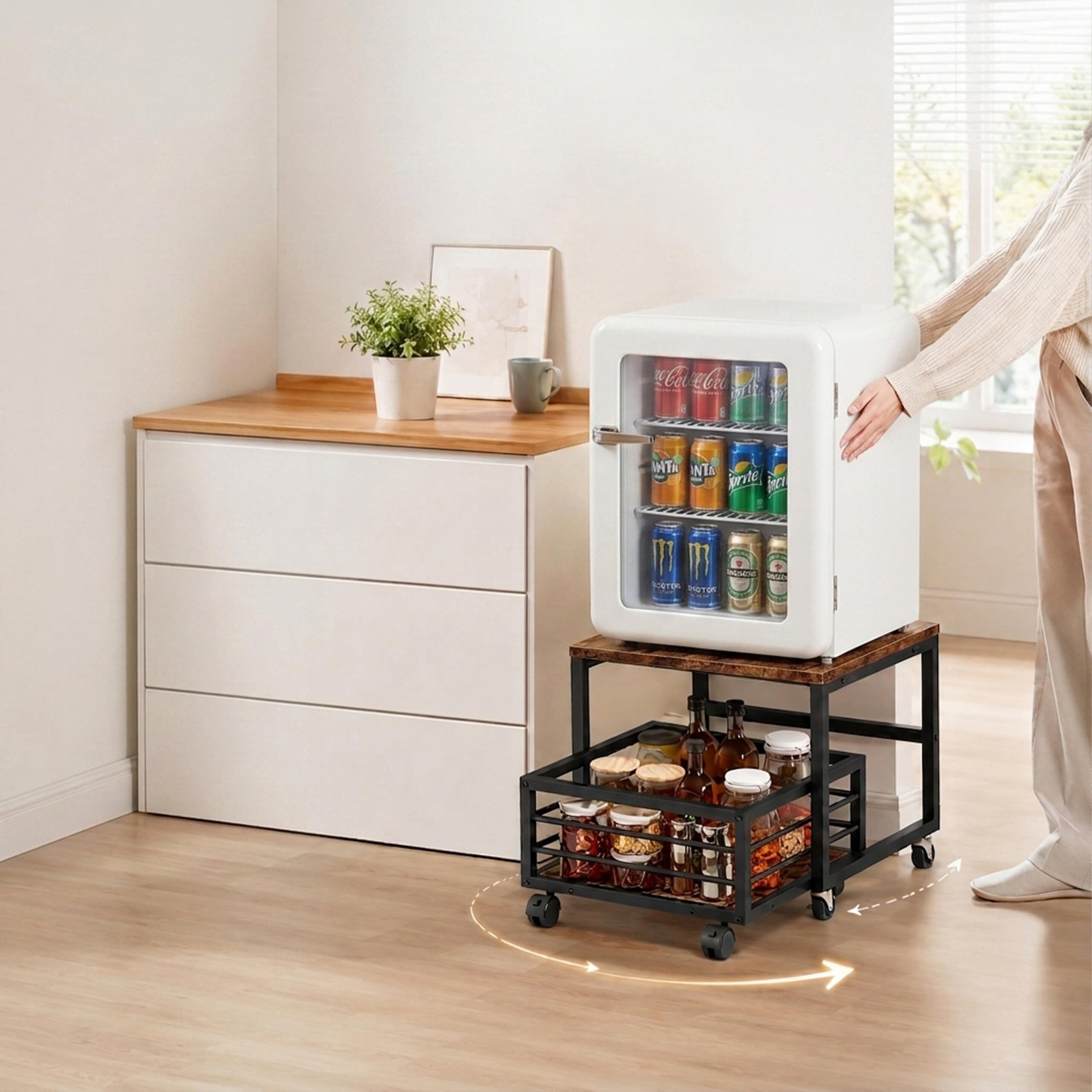 Relaxdays Support Mobile pour Mini-réfrigérateur, Panier Coulissant, Marron
