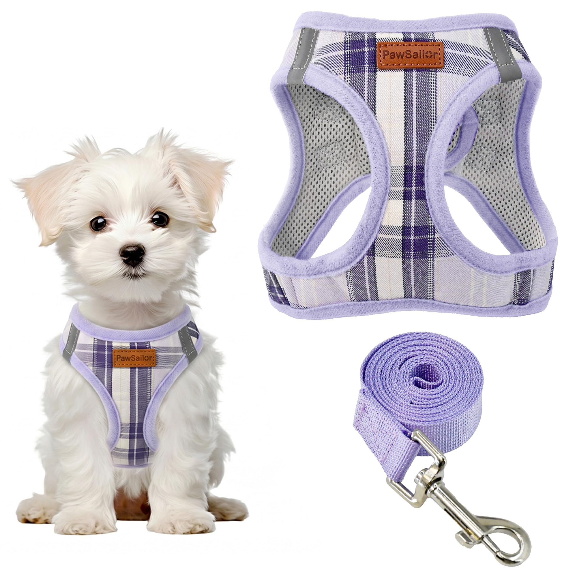 PawSailor Step in Small Dog Harness Lead Set No Pull Soft Mesh Padded Adjustable Puppy Harness Reflective Plaid Pattern with Safety Buckle, Easy Walk for Chihuahua, Puppies and Cats, Light-Purple XS