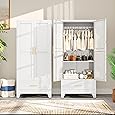 65" Wooden Armoire Wardrobe Closet, Wood Clothing Storage Cabinets with 2 Doors and 2 Drawers, Wooden Wardrobe Closet with Hanging Rod for Bedroom, Cloak Room, Laundry Room, Entrance Hall(White)