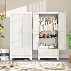 65" Wooden Armoire Wardrobe Closet, Wood Clothing Storage Cabinets with 2 Doors and 2 Drawers, Wooden Wardrobe Closet with Hanging Rod for Bedroom, Cloak Room, Laundry Room, Entrance Hall(White)