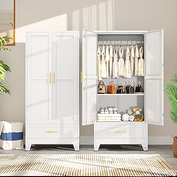 65" Wooden Armoire Wardrobe Closet, Wood Clothing Storage Cabinets with 2 Doors and 2 Drawers, Wooden Wardrobe Closet with Hanging Rod for Bedroom, Cloak Room, Laundry Room, Entrance Hall(White)