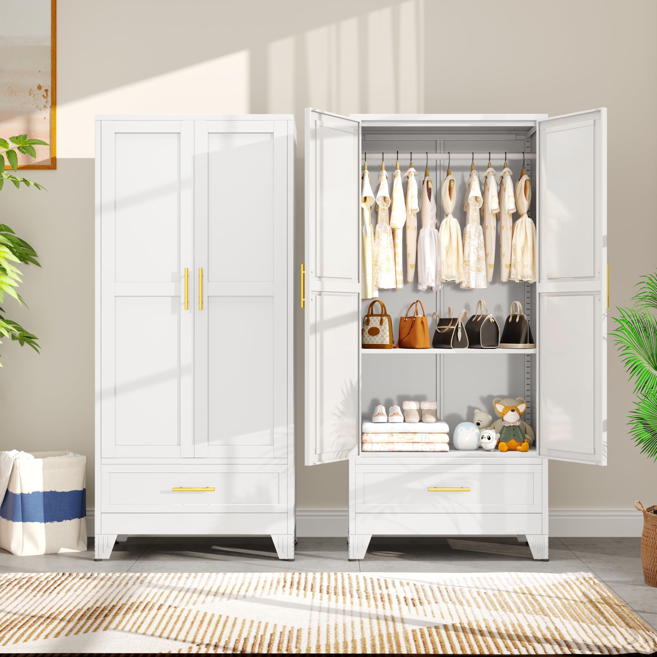 AUEYTVR Metal Armoire Wardrobe Closet with Drawers,Storage Cabinet with Hanging Rod,71'' Metal Wardrobe Cabinet with 2 Doors and Adjustable Shelves