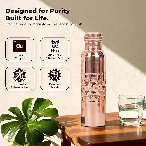 Vista 16 de Botella de agua de cobre 100% puro para beber, botella de cobre ayurvédica de 34 onzas con bolsas de transporte para yoga, gimnasio, meditación