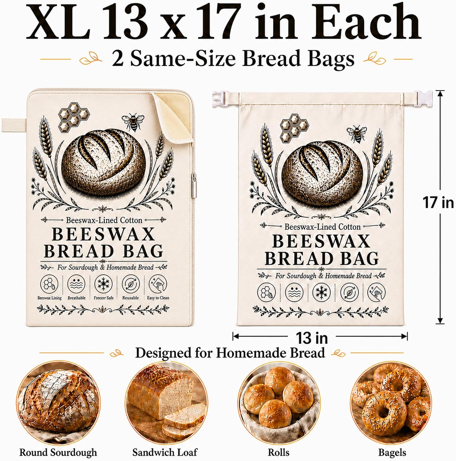 Beeswax Bread Bags for Homemade Bread, 2 Pack XL 13 x 17 in, Cotton image 5