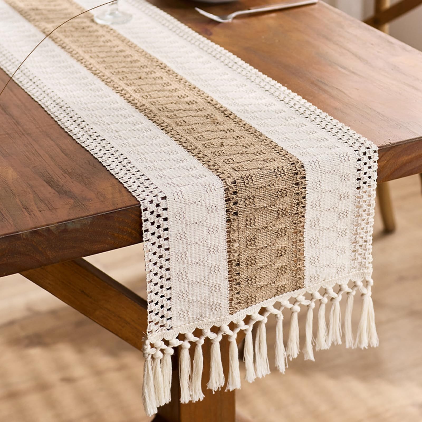Camino de mesa de comedor de 260 cm de largo, de algodón, decorativo, tejido geométrico de rayas ovaladas con borlas, mantel para el hogar, cocina, fiesta, beige marrón, 30 x 260 cm