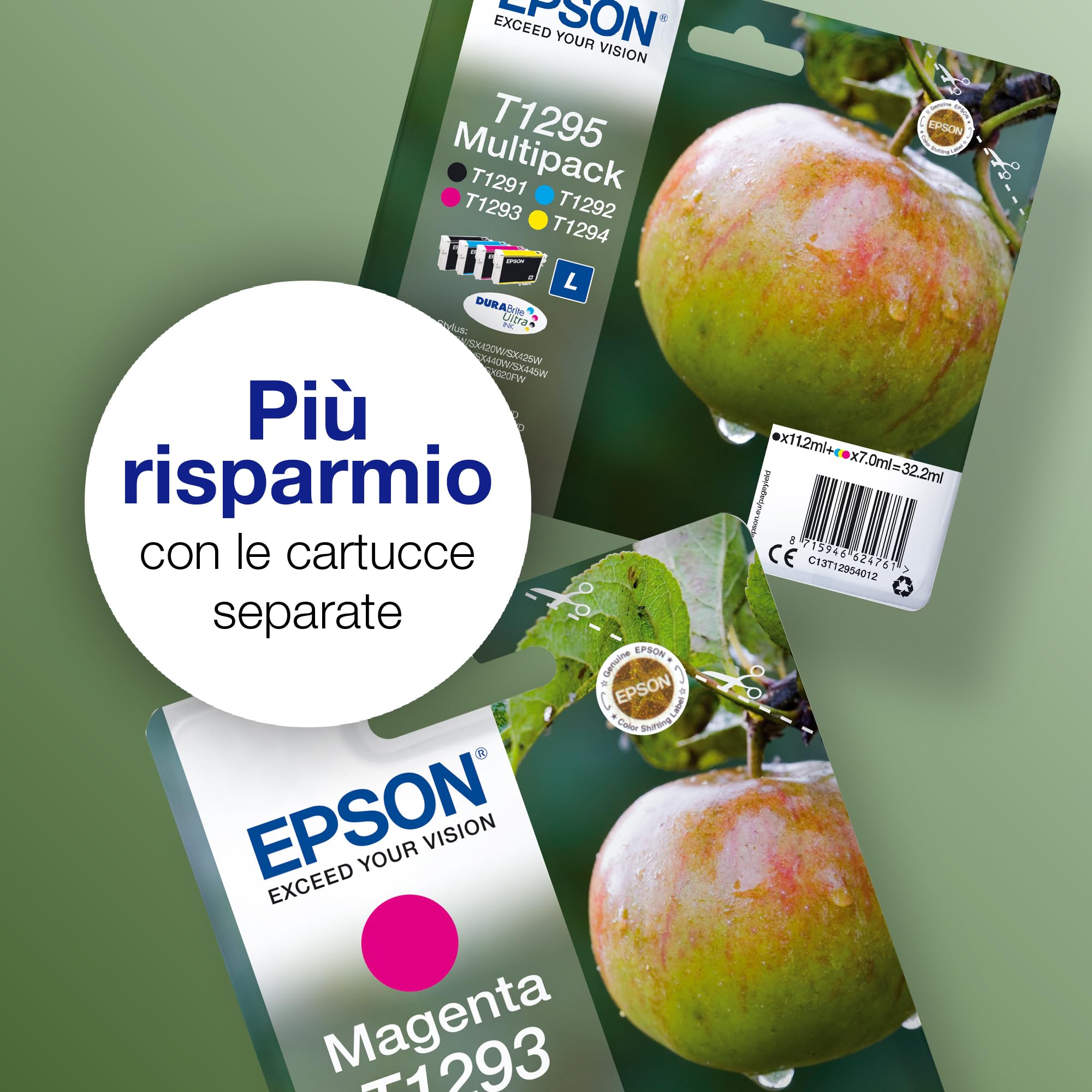Epson Multipack di cartucce originali DURABrite Mela T129 EasyMail, con imballaggio alternativo alla plastica ridotto - 4 colori: Cartuccia nero, ciano, magenta, giallo - 1 x 11,2 ml, 3 x 7 ml