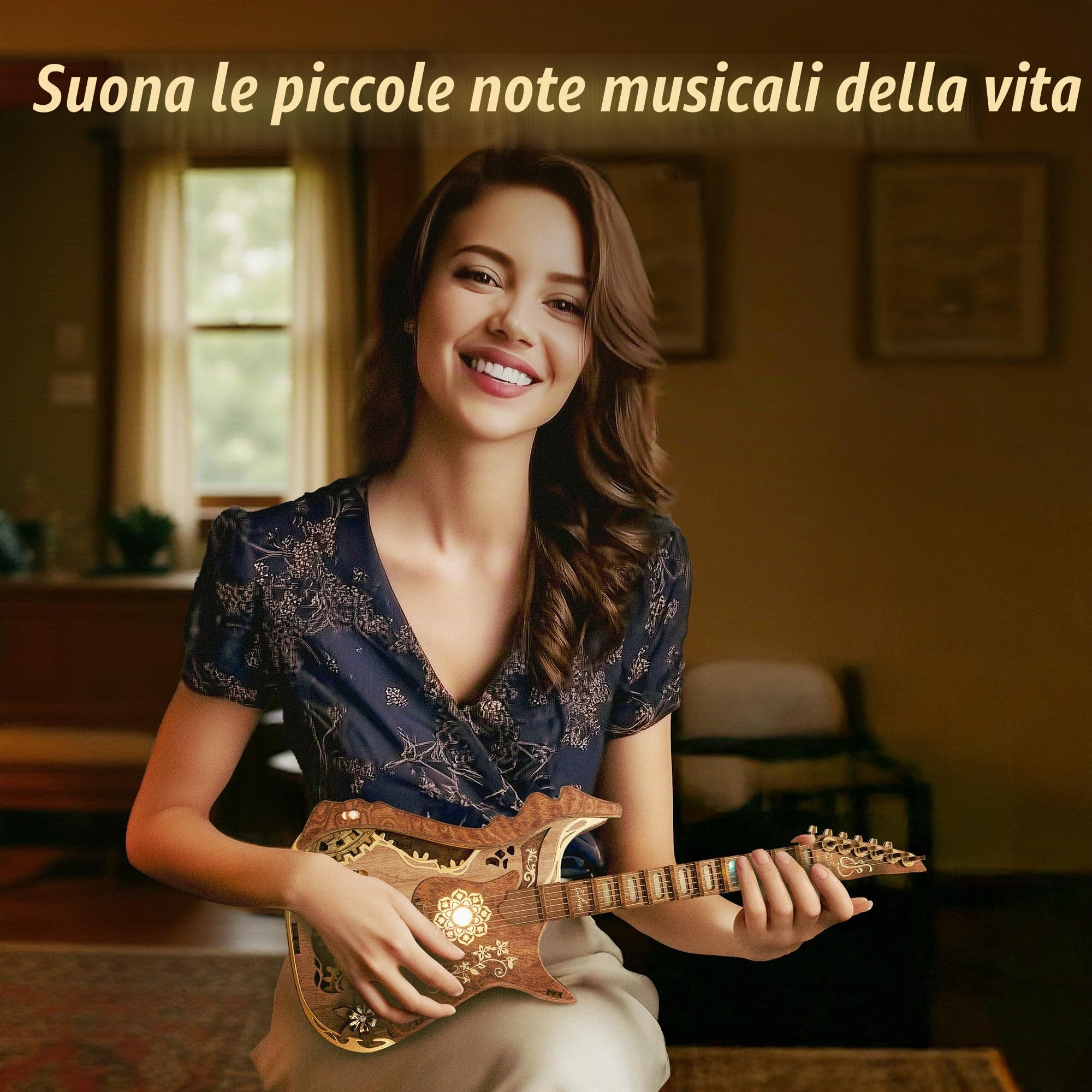 FUNPOLA Puzzle 3D in legno chitarra accordi LED Kit – Modello di chitarra acustica suonabile con luci LED, puzzle meccanico musicale fai-da-te per adulti e ragazzi