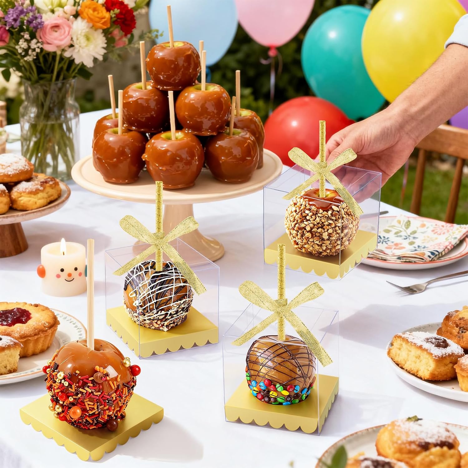 Candy Apple Boxes and Sticks Kit, Include 28pcs Caramel Apple Bamboo Skewers, 25pcs Clear Apple Containers with Hole, 25pcs Apple Bases, 1 pcs Gold Glitter Ribbon, Set for Chocolate Treat Party