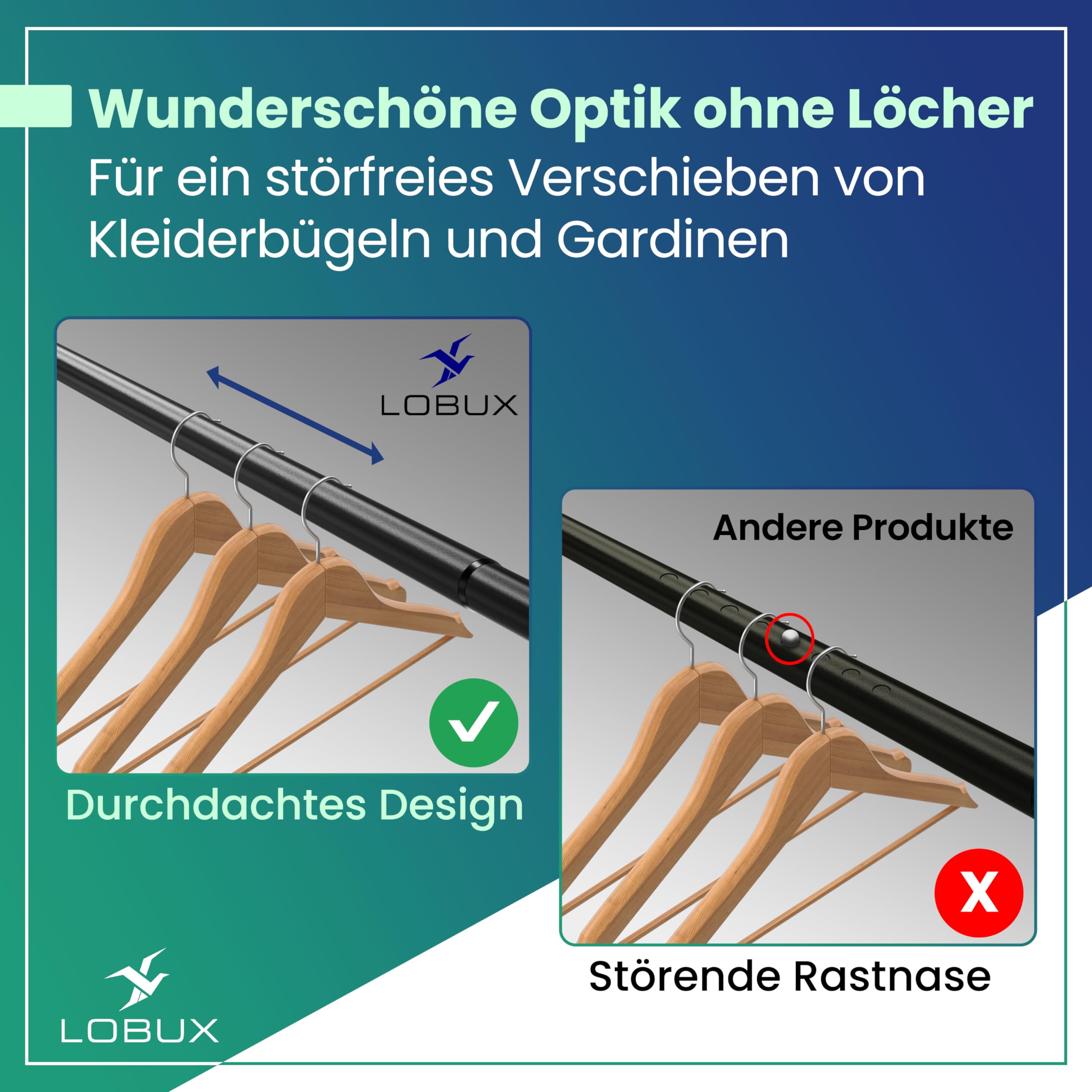 LOBUX® - Bastone per tende senza fori [nero, 260 – 350 cm) – Asta telescopica allungabile – Asta doccia senza fori – Asta per tenda da doccia, asta appendiabiti, asta di serraggio per gatti