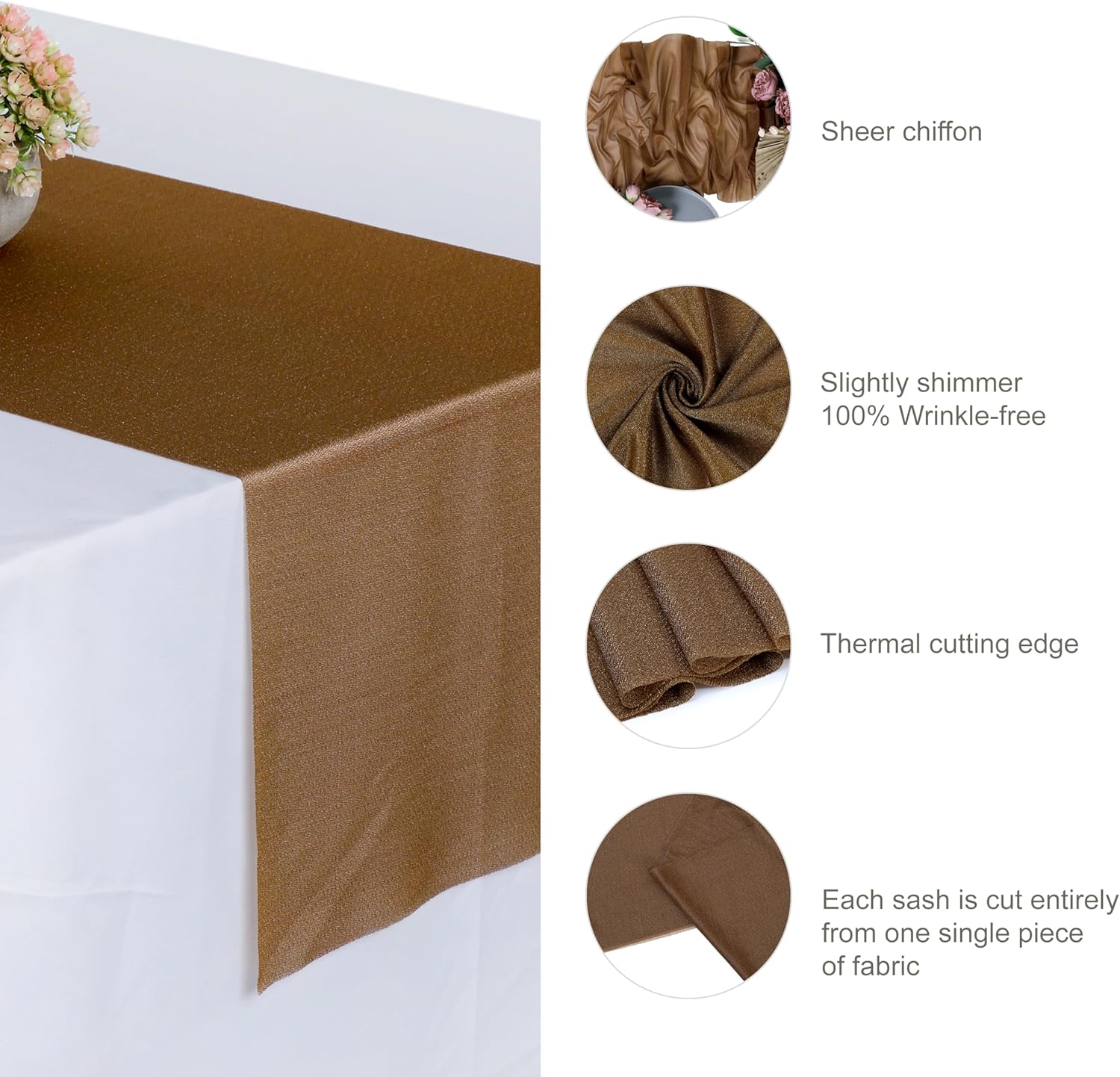 MDS Pack of 20 Wedding 12 x 108 inches Chiffon Table Runner for Wedding, Decorations for Birthday Parties, Banquets, Graduations, Engagements, Runners fit Rectangle, Round Table - Mocha