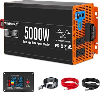 5000W Pure Sine Wave Inverter,24V DC to 120V AC Car Power Inverter 10000W Peak with 4 AC Outlets, 3.0A USB and Type-C, LCD Display 16.5 ft Remote Control for RV Truck Travel Solar Emergency