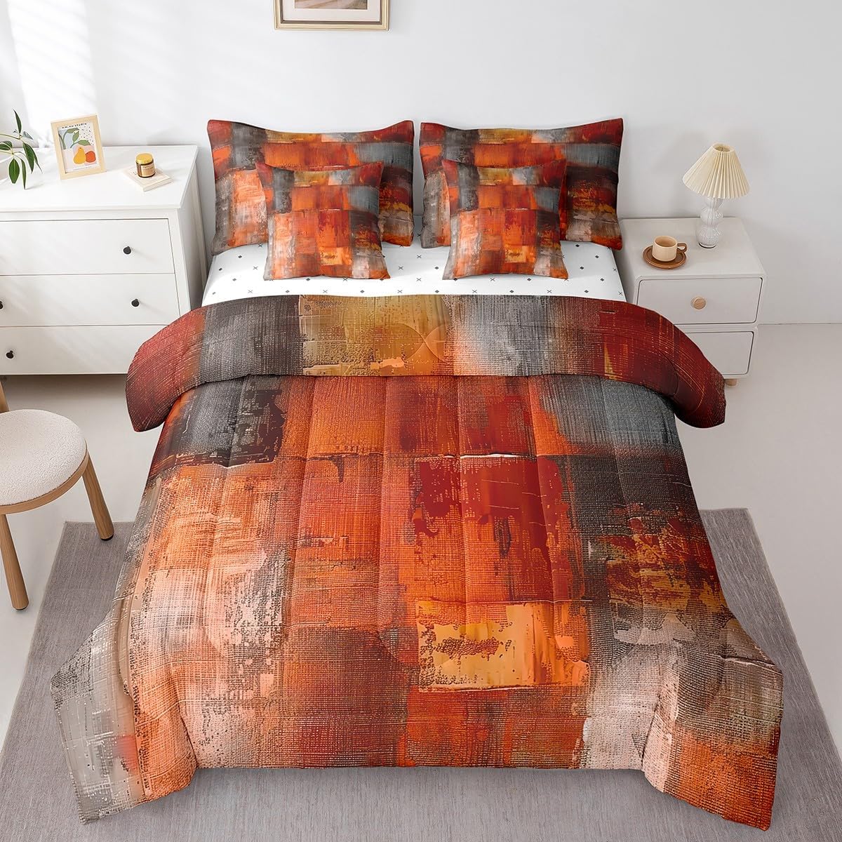 Erosebridal Contemporary Abstract King Bedding Sets 7pcs Orange Red Grey Watercolor Comforter Set, Oil Painting Bed in a Bag Vintage Grunge Bedding Comforter Sets Men Women Bedroom Decor